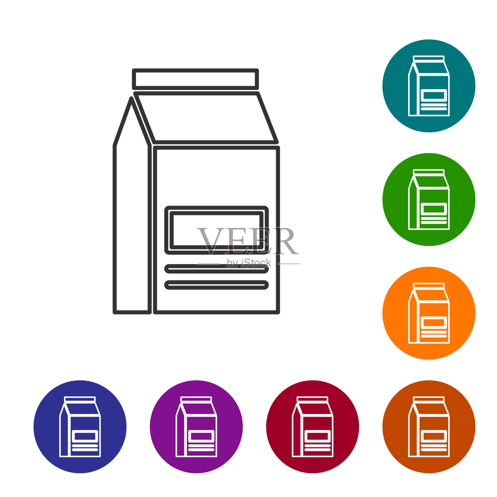 灰色袋食品线图标孤立在白色背景。动物的食物。宠物食品包装。设置图标在颜色圈按钮。矢量图插画图片素材