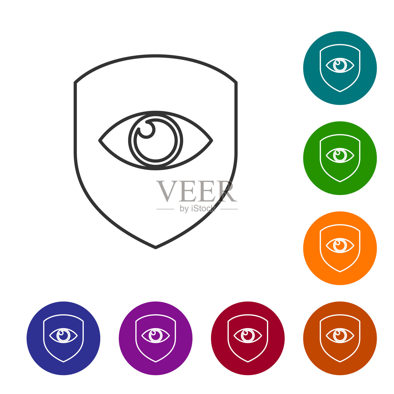 灰色盾牌和眼睛线图标孤立在白色背景。安全、安全、保护、隐私的理念。设置图标在颜色圈按钮。矢量图图标素材