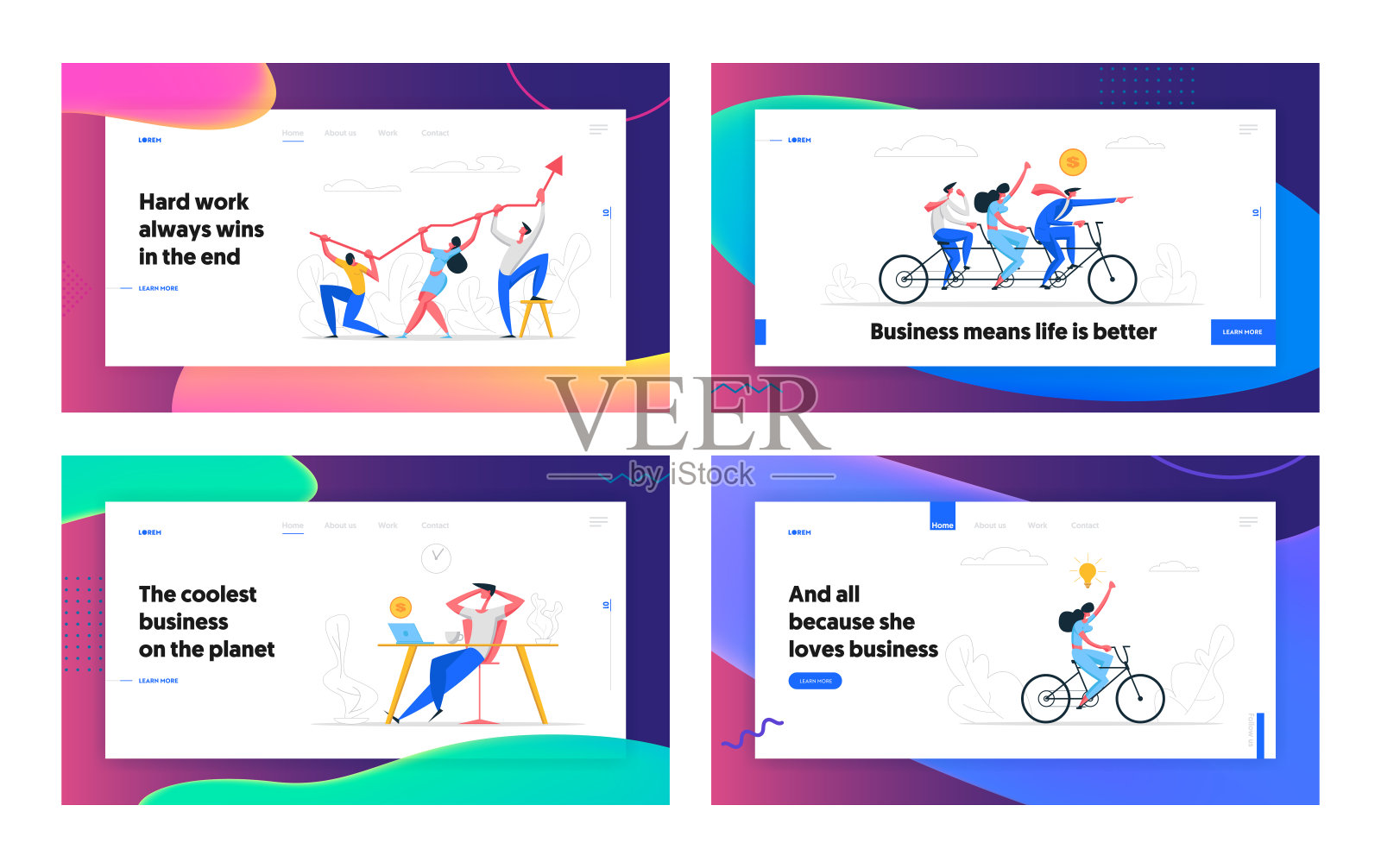 商业团队合作网站，横幅设置。商人人物骑自行车。团队持有财务箭头图形登陆页面。矢量平面插图插画图片素材