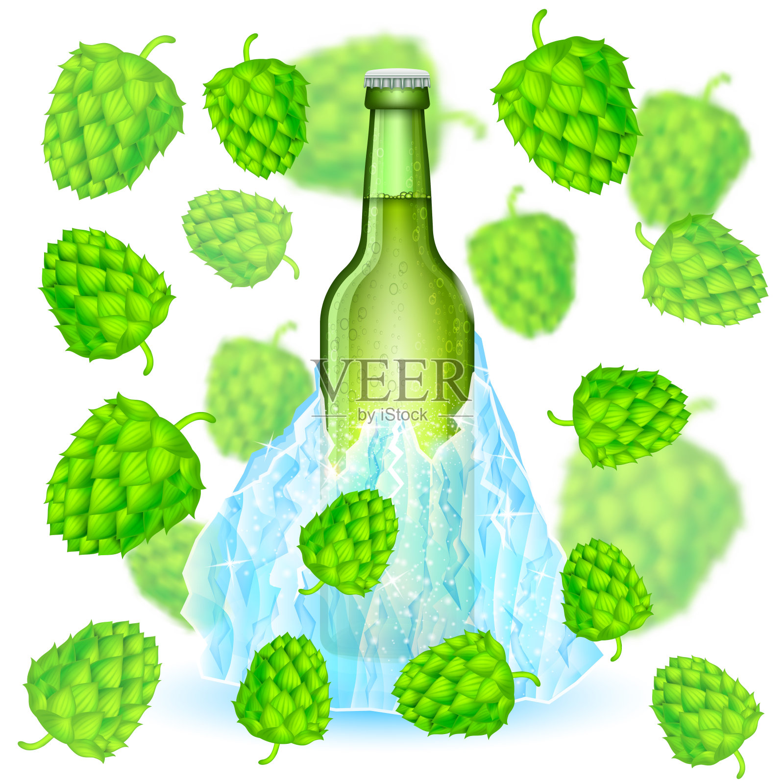 真实模拟的绿色啤酒瓶冻在冰山之间的深度的田野啤酒花圆锥在白色的背景插画图片素材
