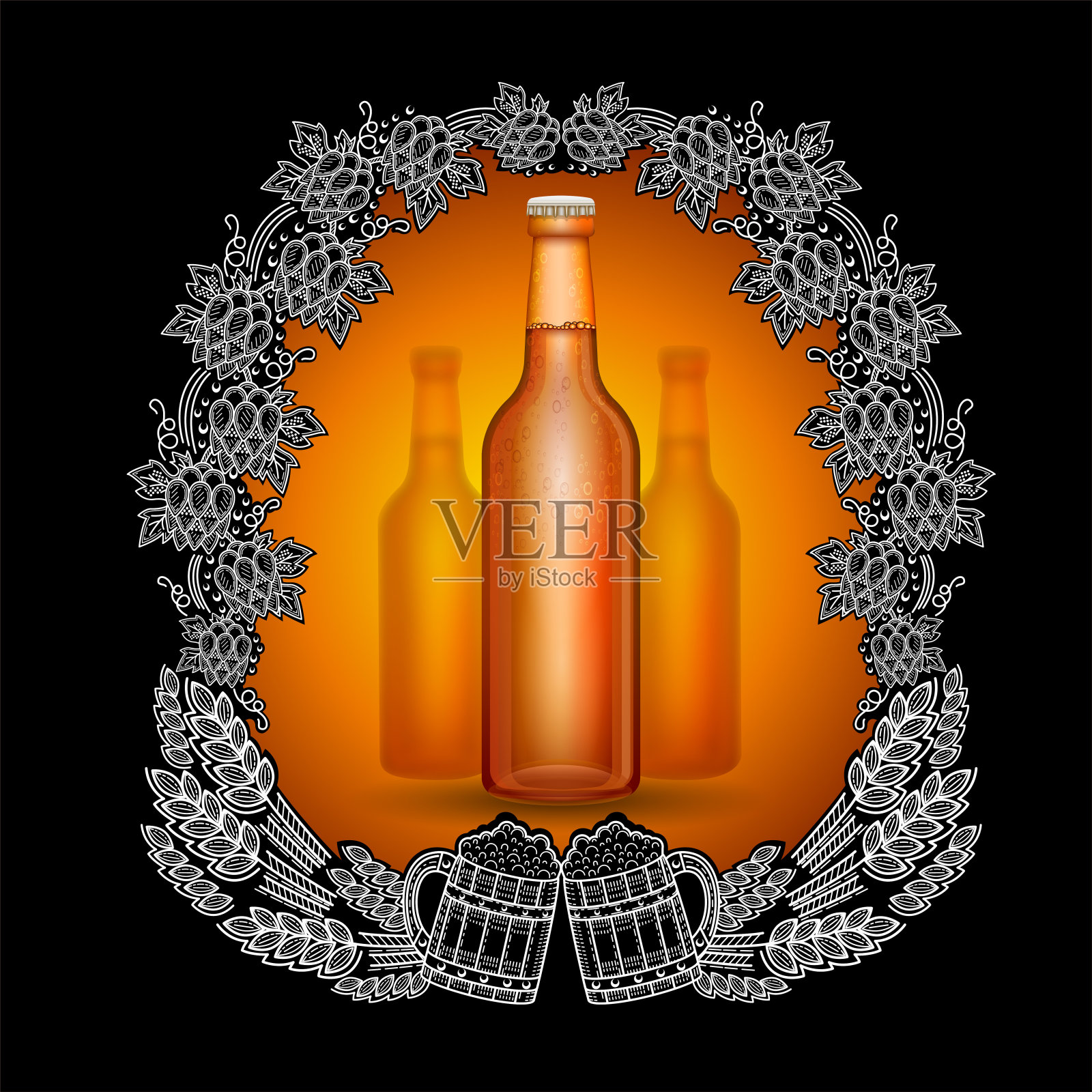 现实的啤酒棕色瓶子在黑板的中心与scratchboard风格的框架从啤酒花cons，耳朵和两个杯子插画图片素材