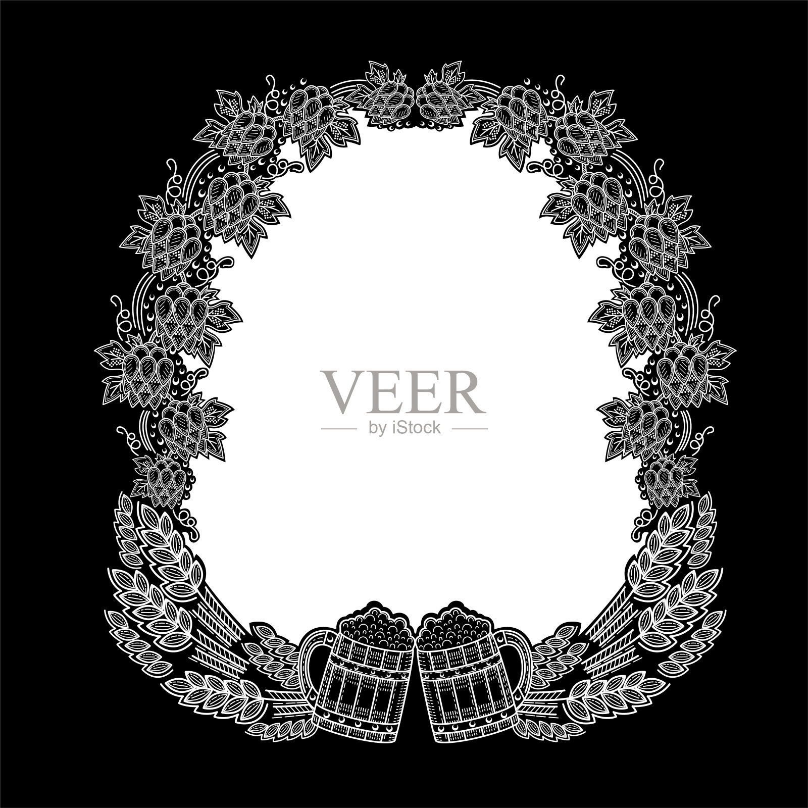 啤酒花架子，耳朵和两个在黑板上刮板风格的杯子插画图片素材