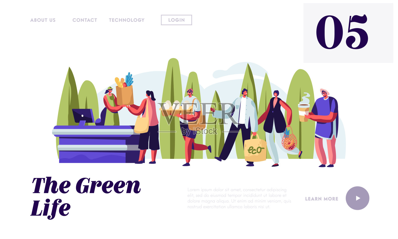 人们在商店排队，手里拿着可重复使用的包装。男性和女性角色使用生态包装购物。网站登陆页，网页卡通平面矢量插图，横幅插画图片素材