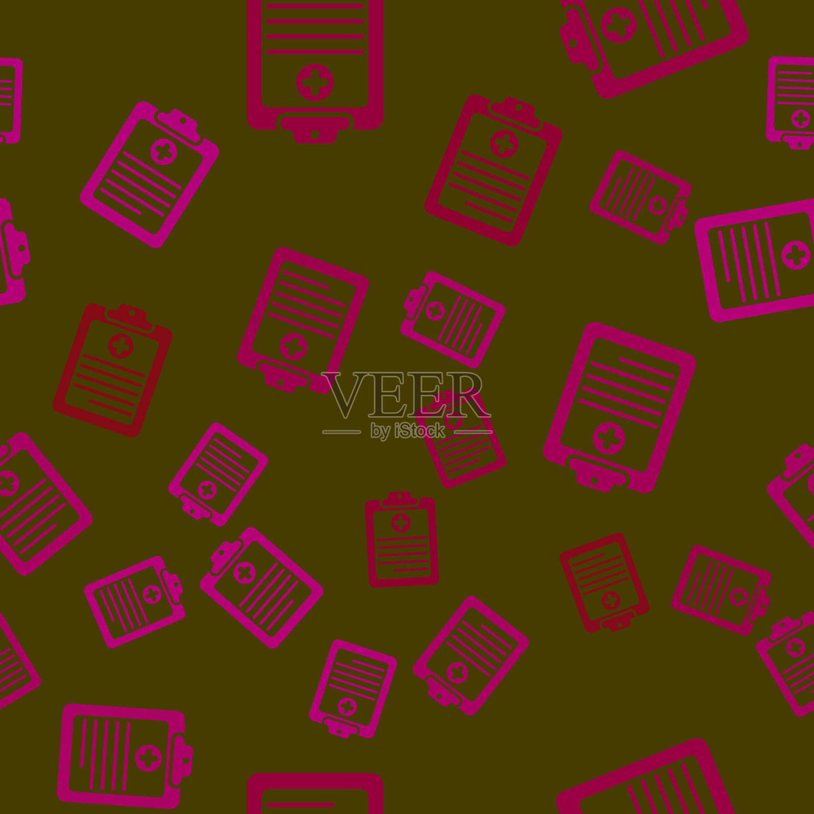 蓝色医学剪贴板，在蓝色背景上有临床记录图标隔离的无缝模式。医疗保险形式。文件:处方、体检标志报告。矢量图插画图片素材