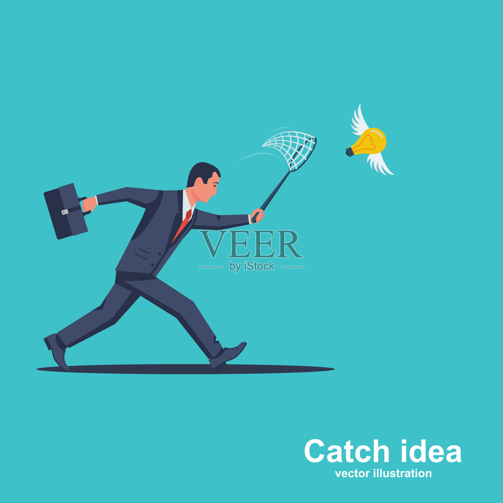 一个商人试图用铲子网捕捉飞行的灯泡插画图片素材