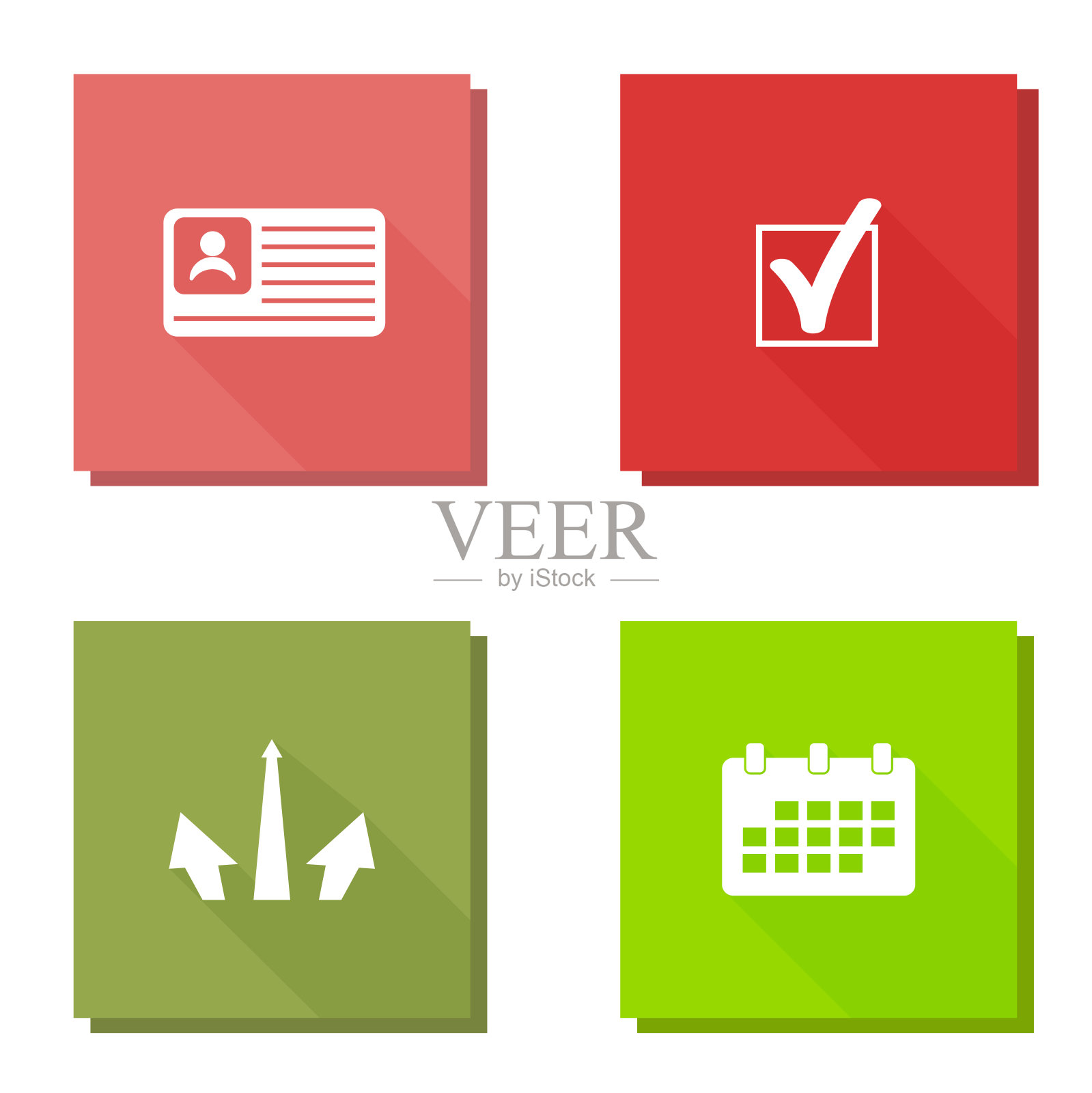 向量图标设置与长影子的人卡，客户卡，日历图标，检查标记和箭头图标。图标素材