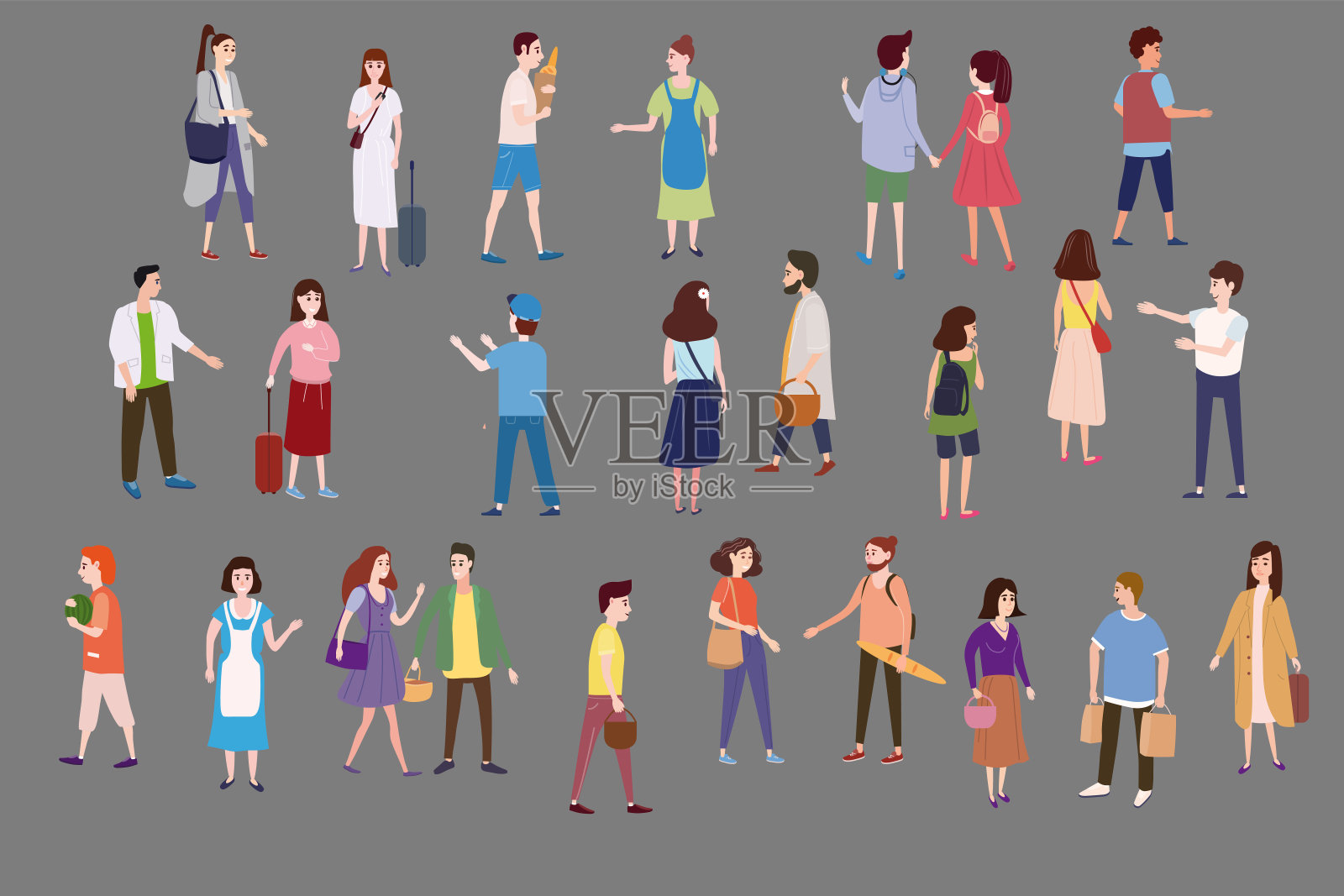 设定一群人的角色去他们的业务，购物，相爱的夫妇，单身，卖家，买家。趋势图形风格，平面卡通，小人，孤立，矢量，插图插画图片素材