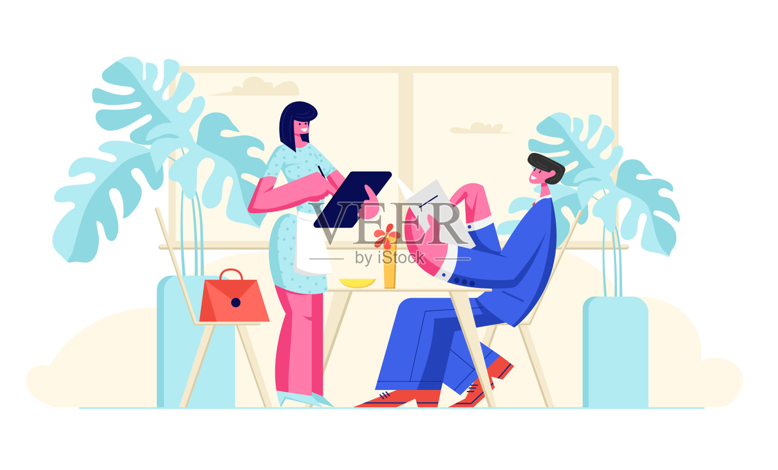 坐在舒适餐厅里点餐的男人。女服务员在笔记本上写订单。酒店服务，客户在假期或周末休闲时参观咖啡厅。卡通平面矢量插图插画图片素材