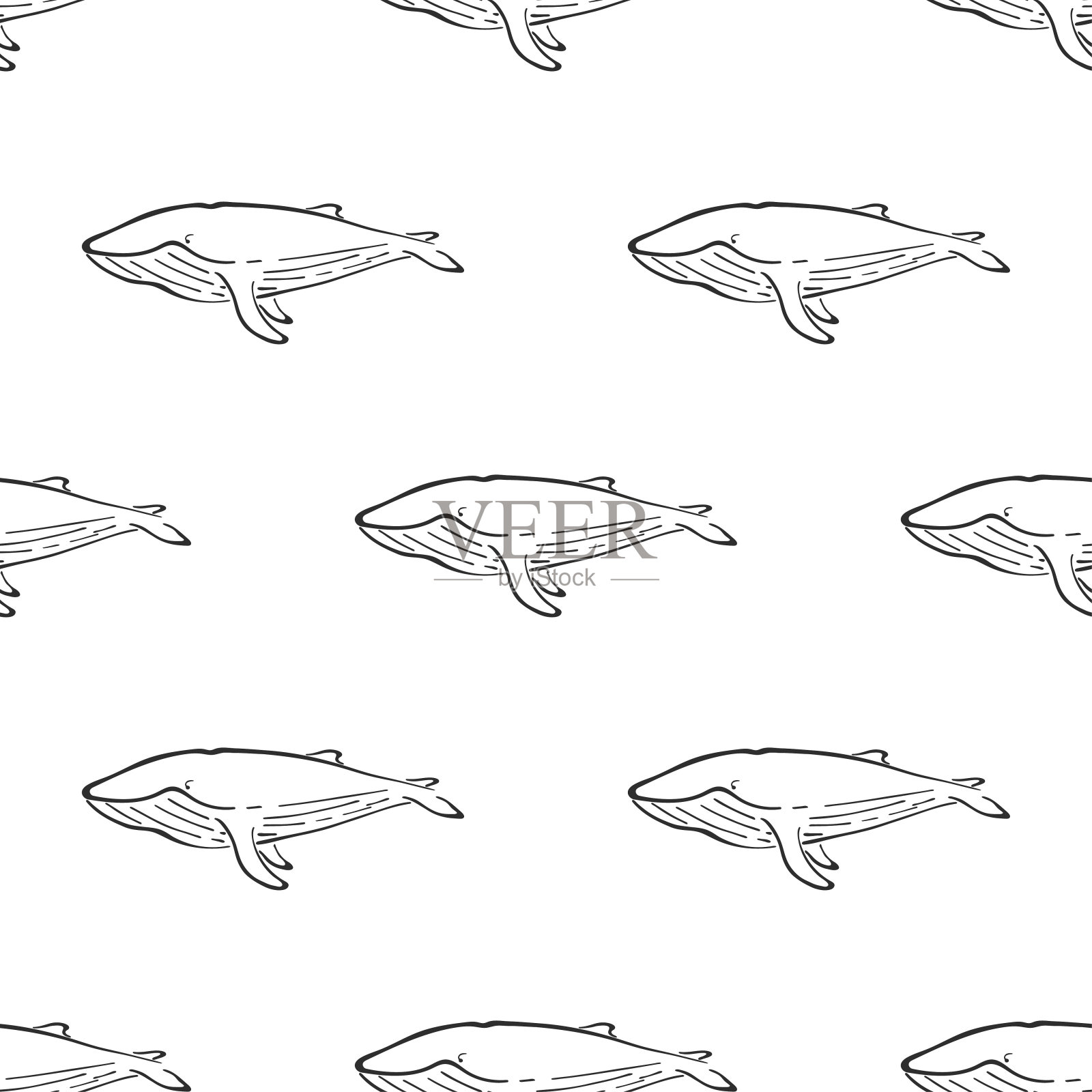 鲸鱼字符抽象手绘矢量无缝模式。复古的插图。海洋野生哺乳动物。海洋和海洋动物曲线油漆标志。画素描。设计元素，壁纸，织物印花。设计元素图片