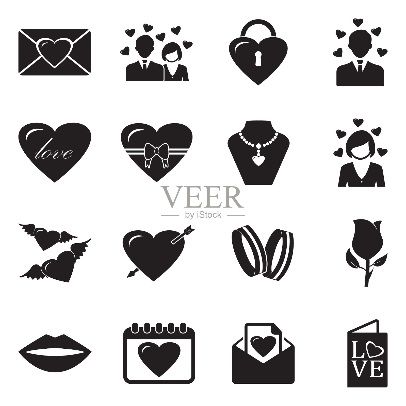 爱的图标。组2。黑色的平面设计。矢量插图。插画图片素材