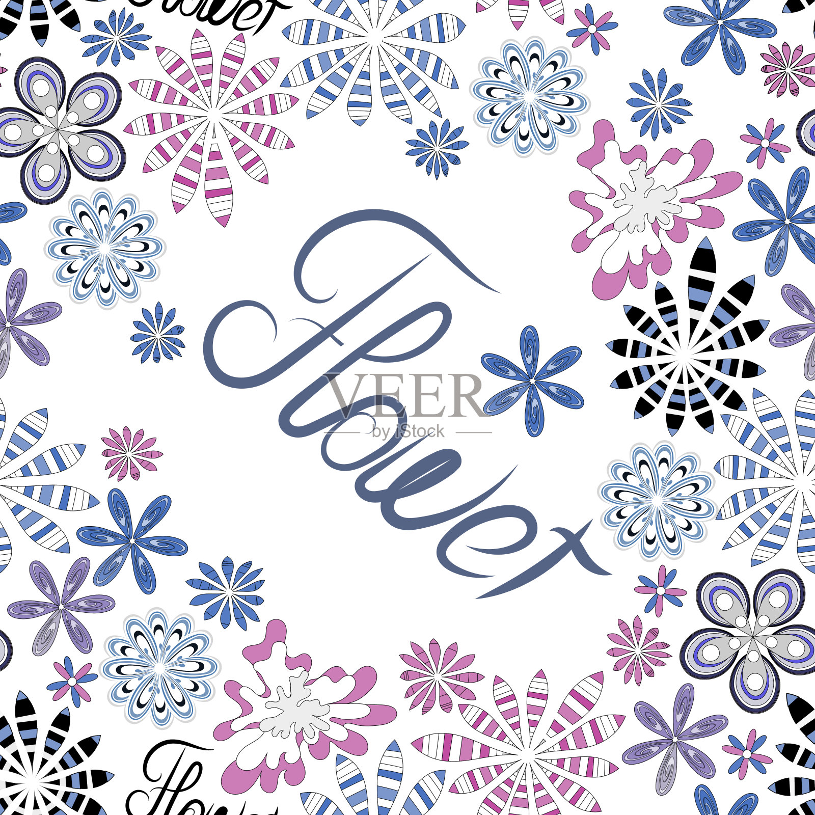 矢量无缝装饰花图案与字花，白色背景，创意花在柔和的颜色插画图片素材