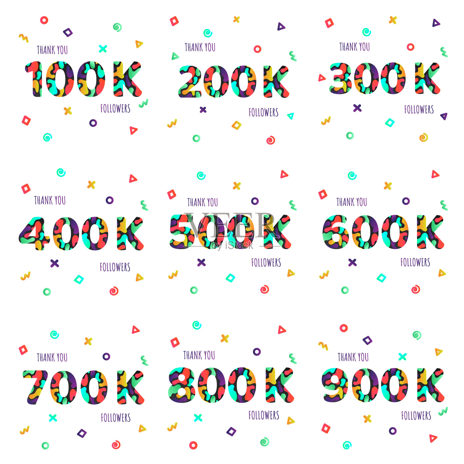 谢谢你10 -90万粉丝数量的明信片。恭喜渐变平面风格渐变感谢图像矢量插图孤立的白色背景。互联网媒体社交网络模板。插画图片素材