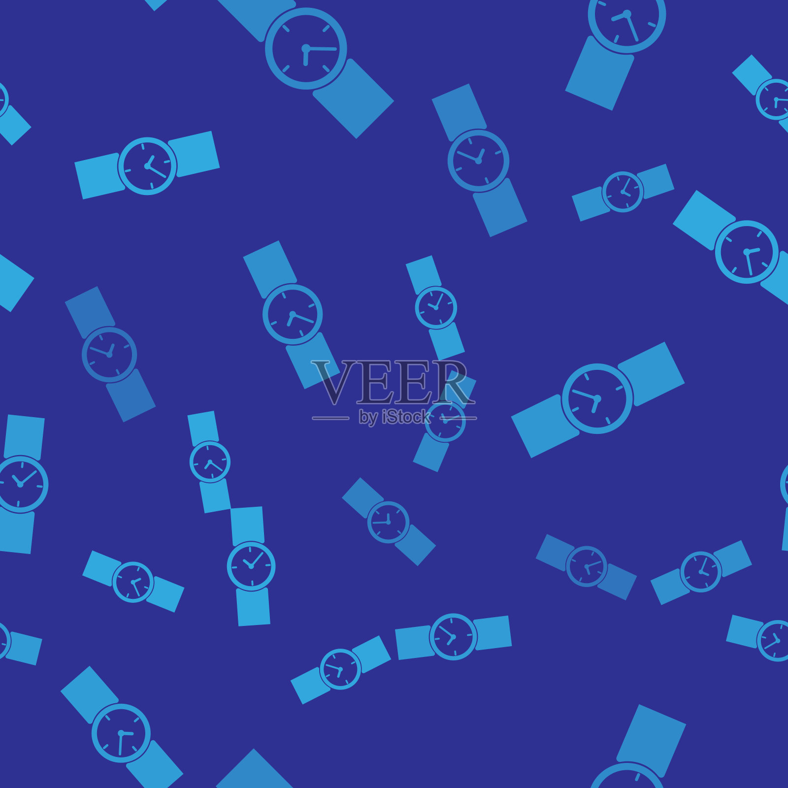 蓝色腕表图标隔离无缝模式上的蓝色背景。手表图标。矢量图插画图片素材