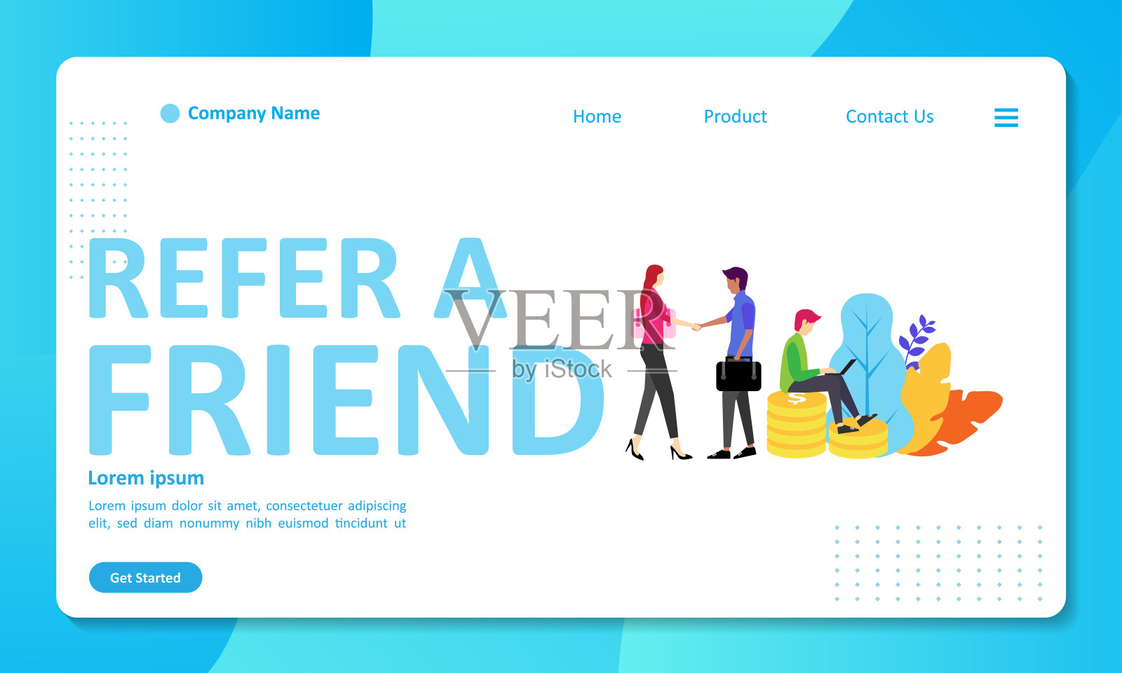 推荐朋友概念设计，人们分享关于推荐和赚钱的信息。适合网页登陆页面，ui，手机应用，横幅模板。矢量图设计模板素材