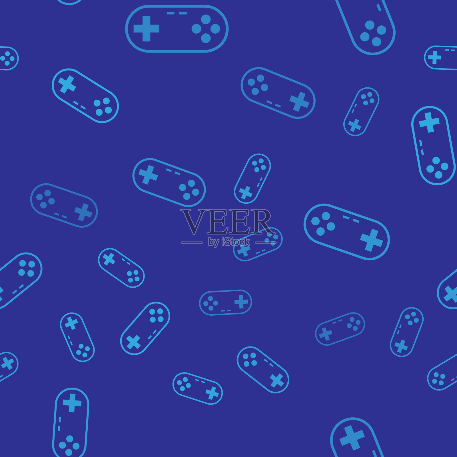蓝色手柄图标隔离无缝模式上的蓝色背景。游戏控制器。矢量图插画图片素材