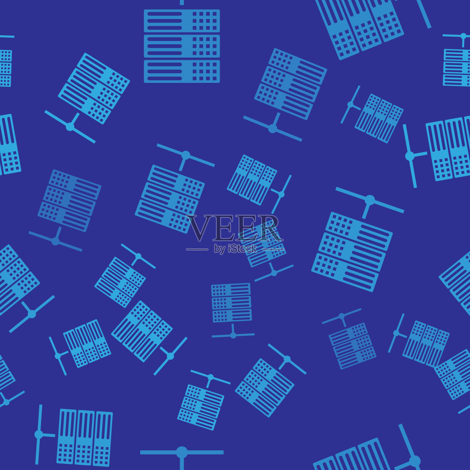 蓝色服务器，数据，Web托管图标隔离无缝模式上的蓝色背景。矢量图插画图片素材