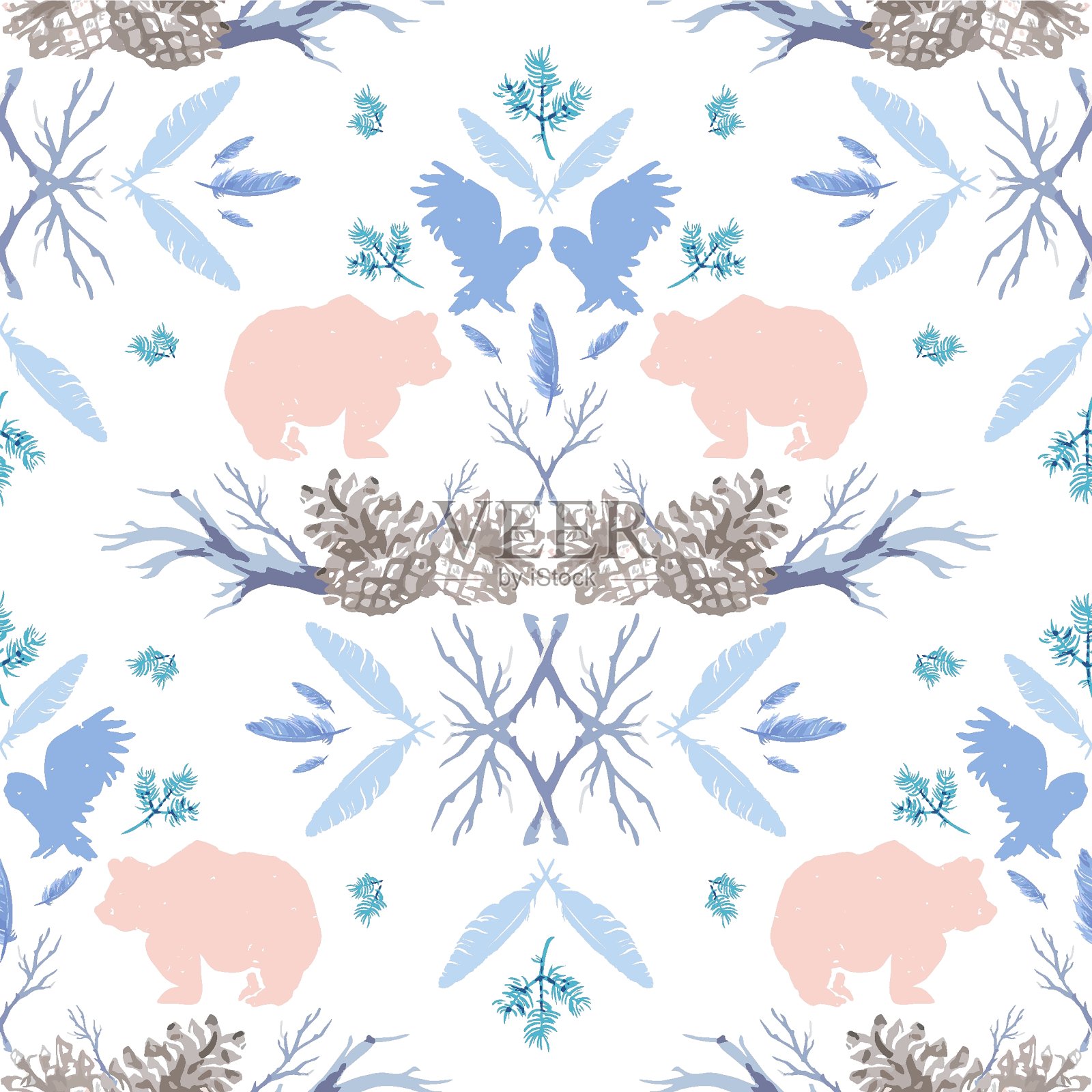 手绘森林剪影与动物无缝模式:熊，猫头鹰插画图片素材