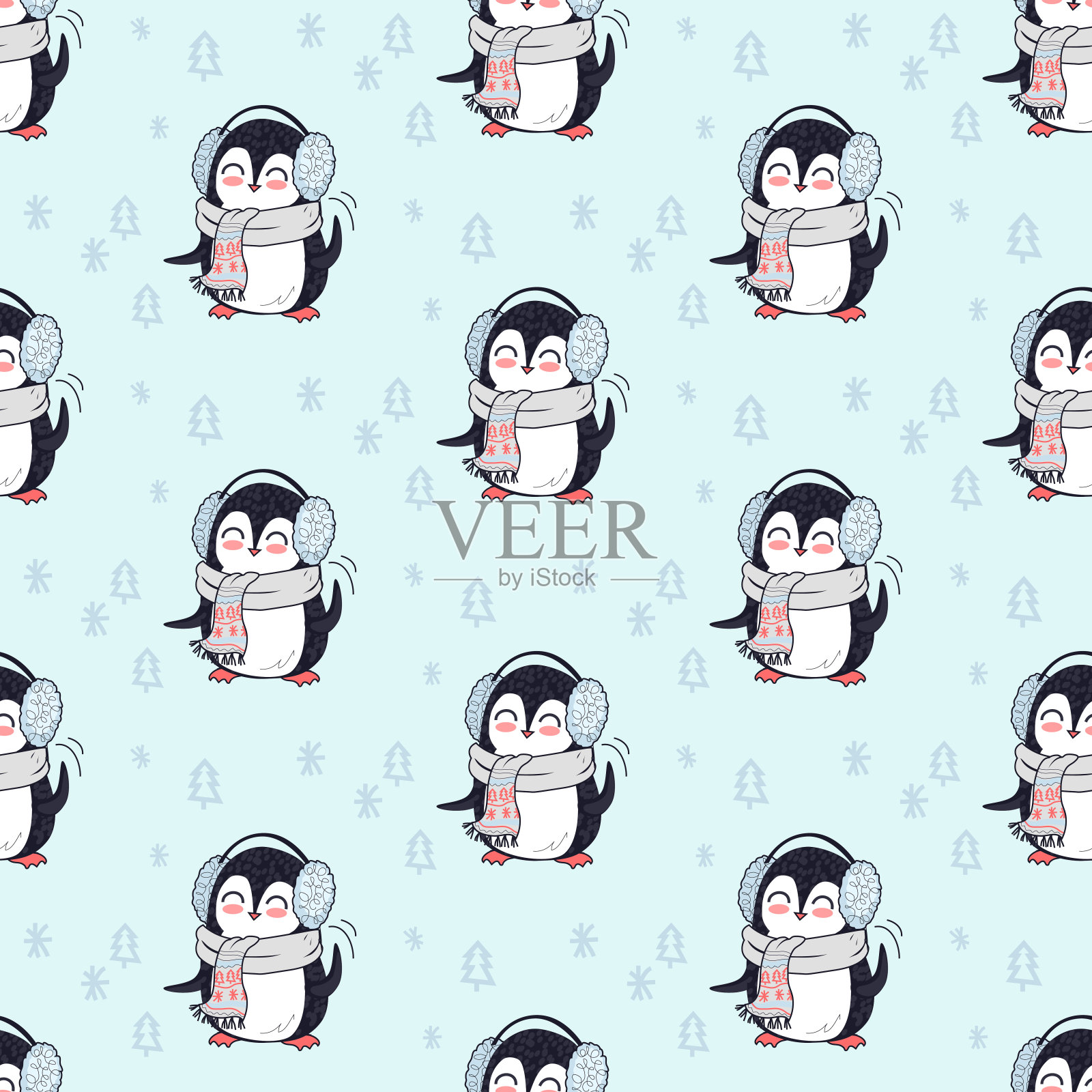 无缝模式企鹅在围巾和耳机插画图片素材
