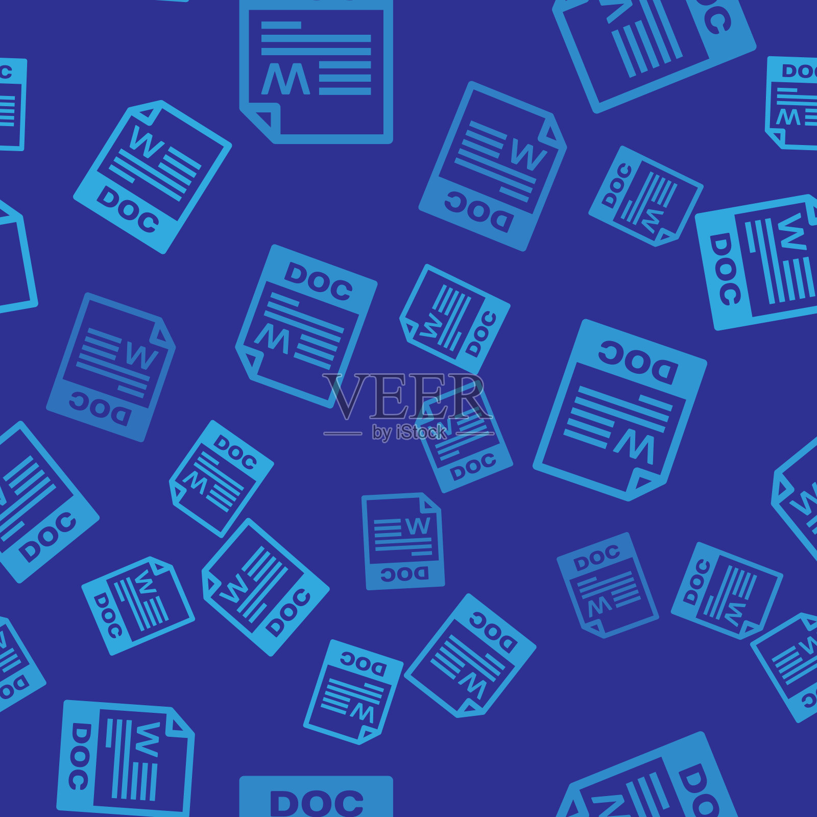 蓝色DOC文件文档图标。下载文档按钮图标隔离无缝模式上的蓝色背景。DOC文件扩展名符号。矢量图插画图片素材