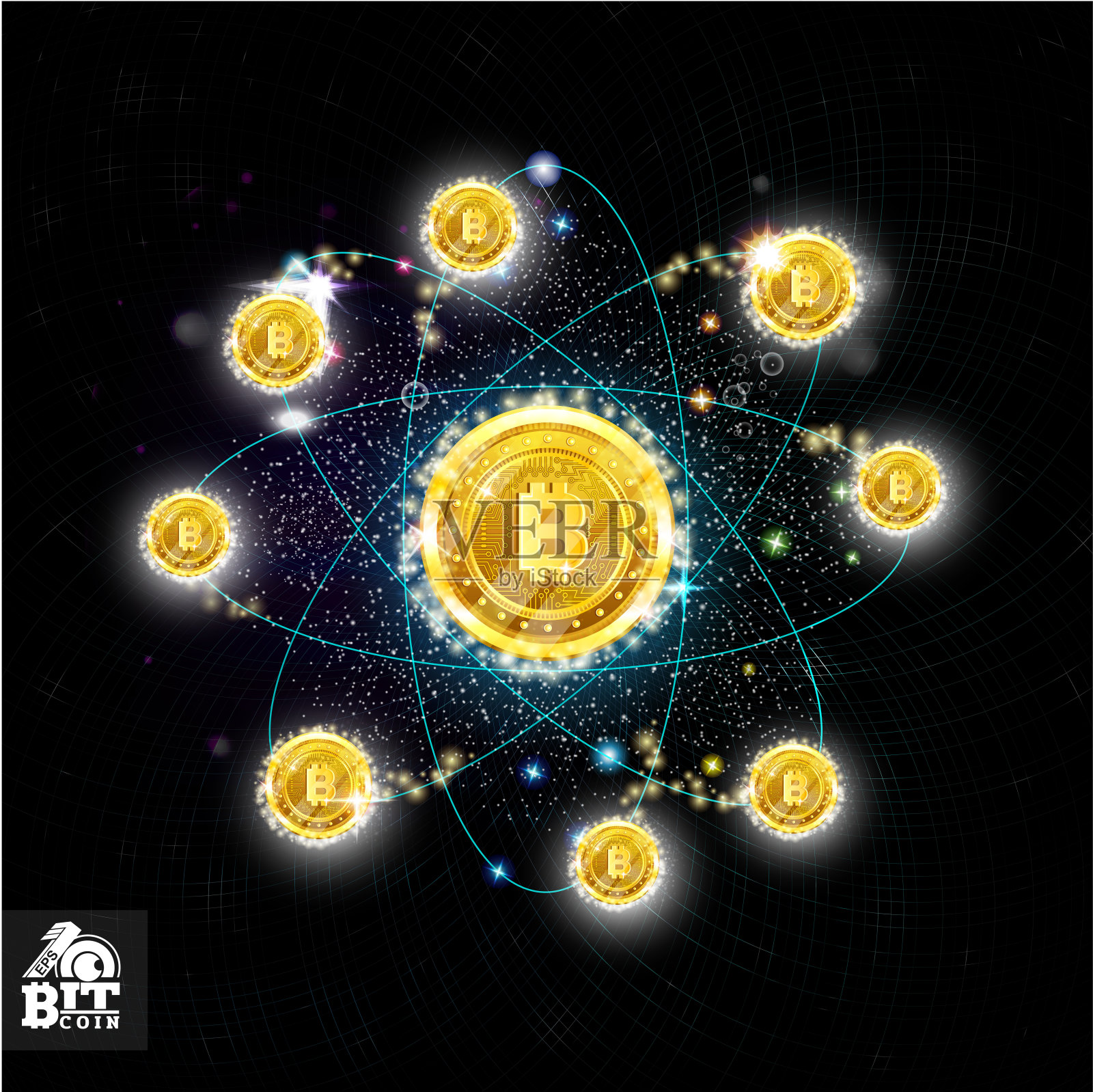 黑暗的背景与闪亮的轨道在太空中，主要比特币在中心和小飞行插画图片素材