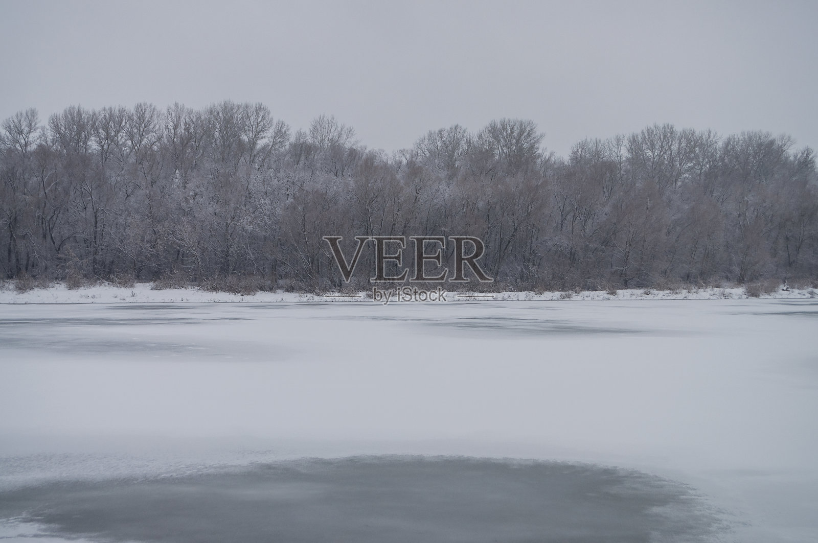 冬天的一天。河上结满了冰，光秃秃的树枝上覆盖着白雪。走在大自然照片摄影图片