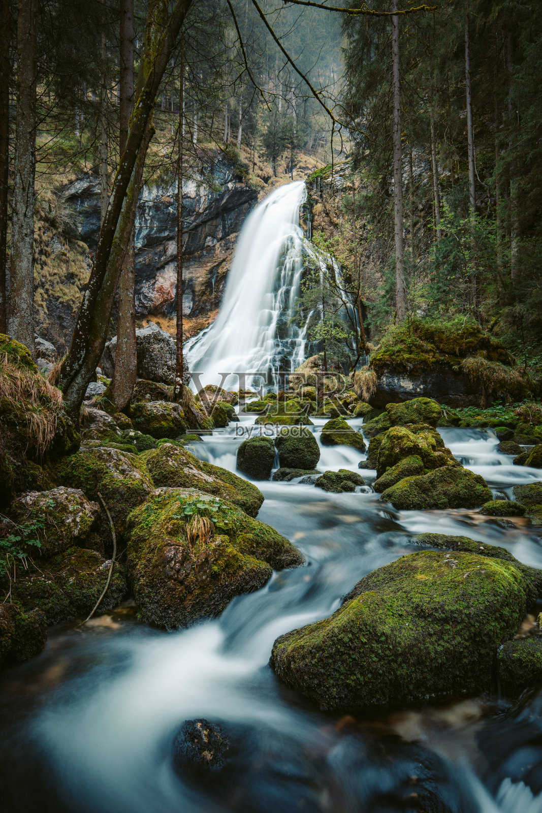 森林中长满青苔的岩石和田园诗般的瀑布景色照片摄影图片