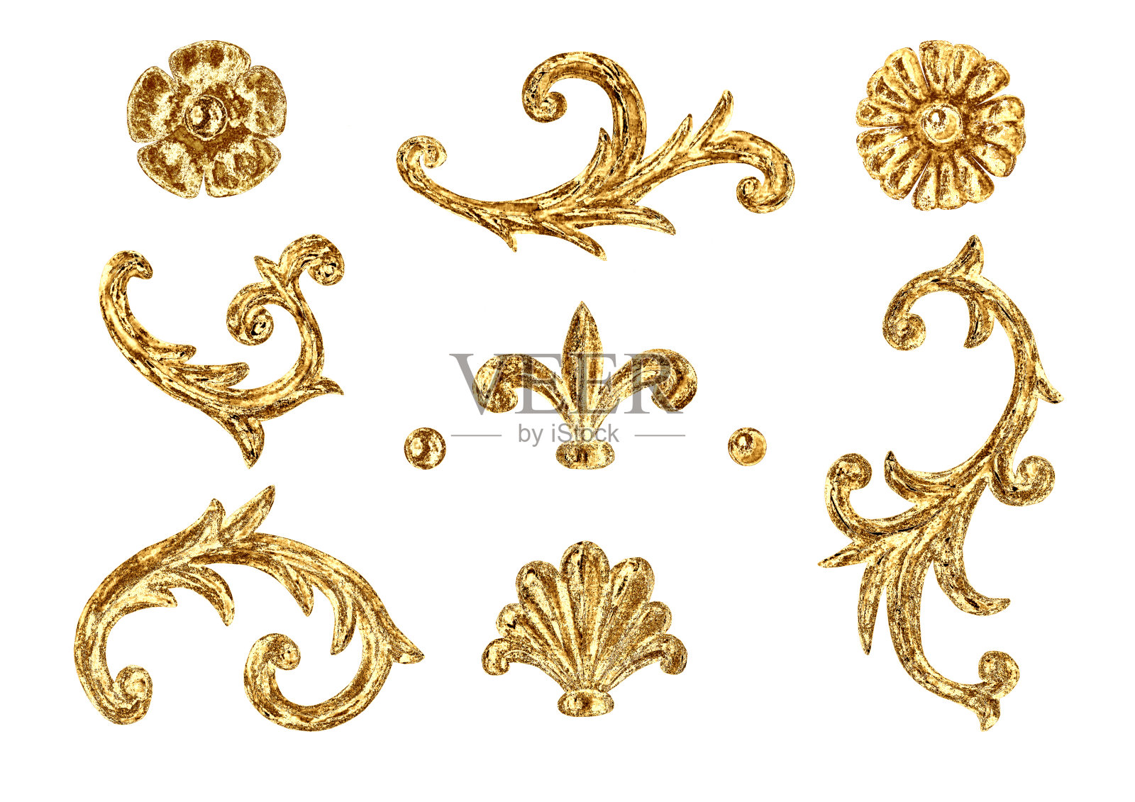巴洛克风格的元素。水彩手绘复古雕刻花卷金银丝框架设计集。插画图片素材
