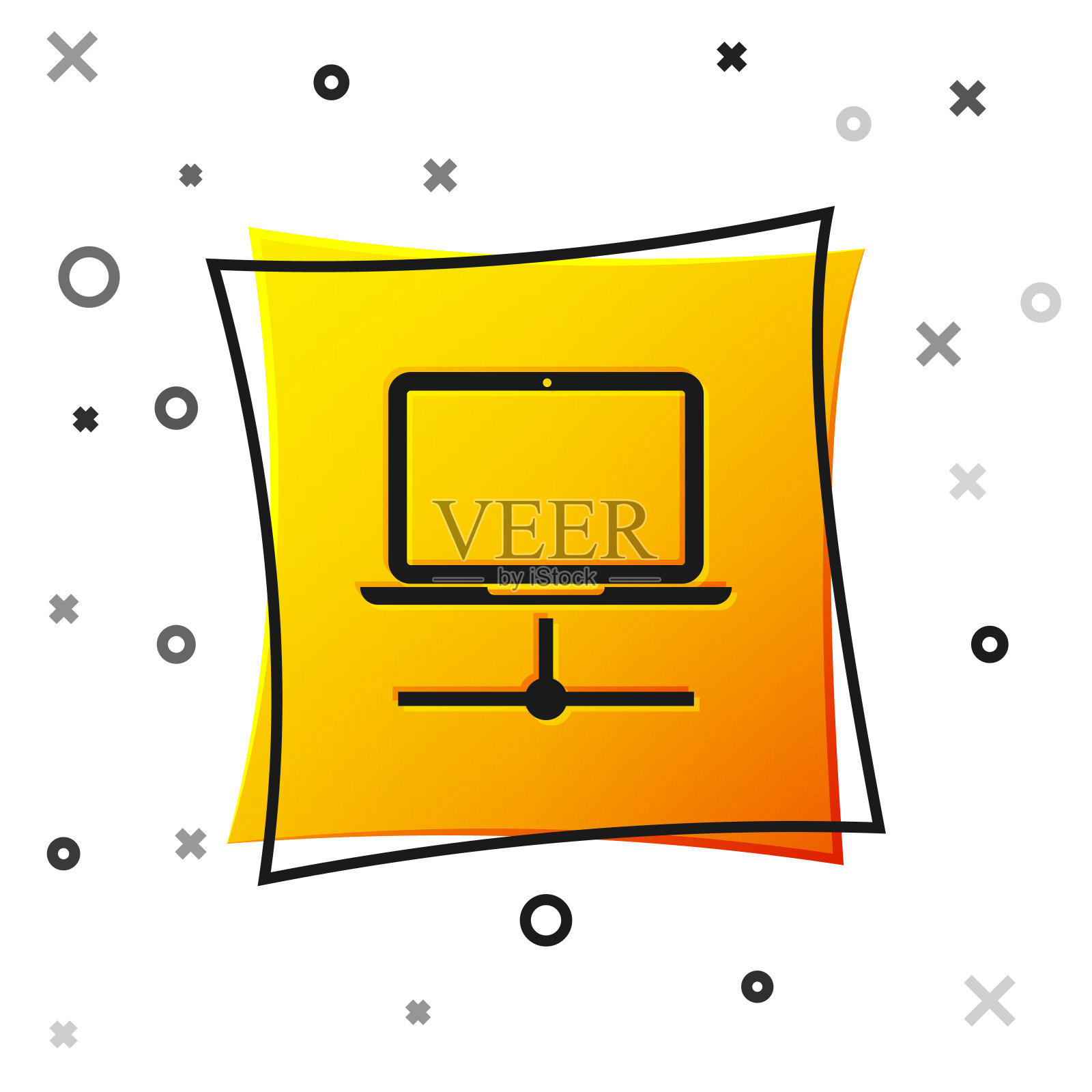 黑色计算机网络图标孤立在白色背景上。笔记本电脑网络。互联网连接。黄色正方形按钮。矢量图图标素材