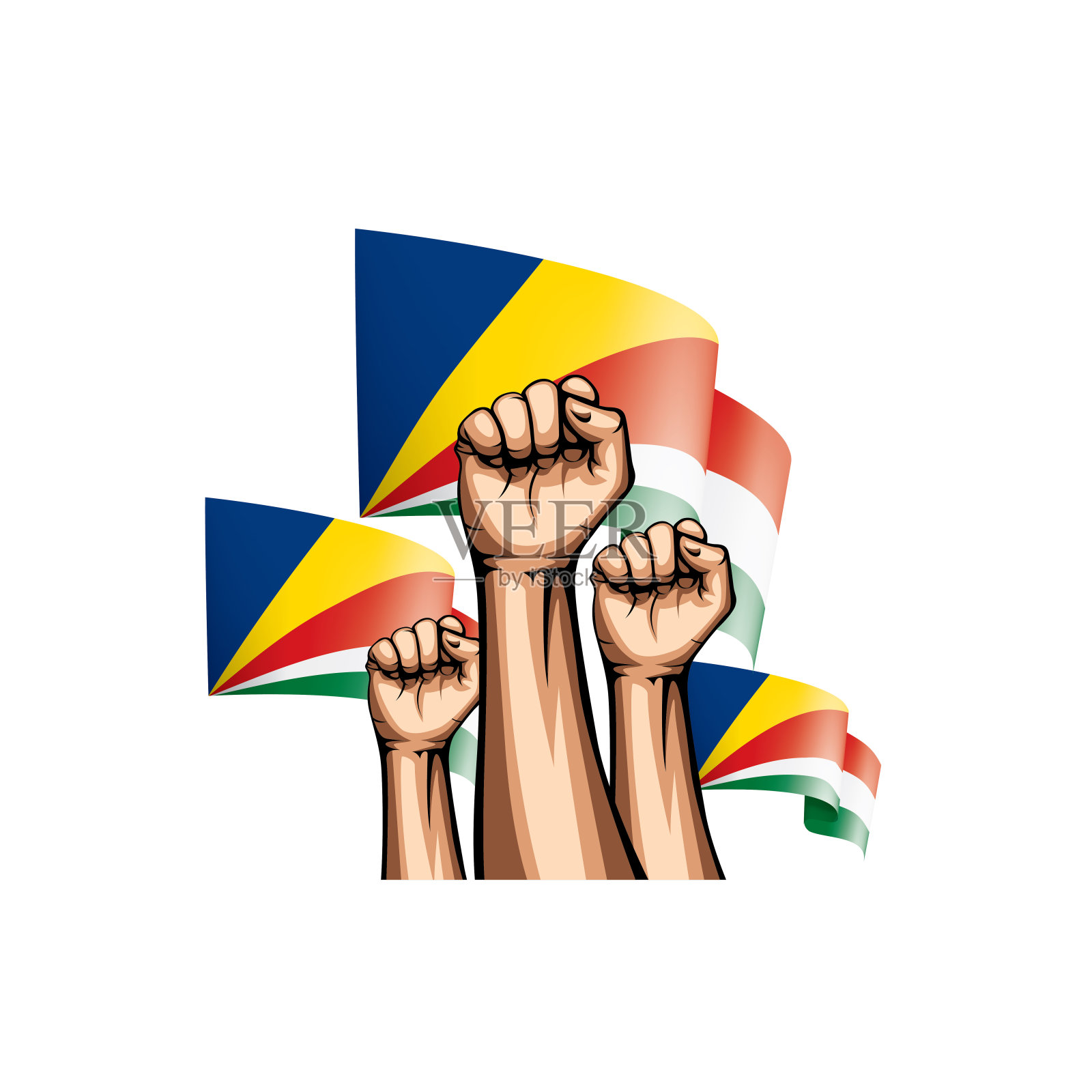 塞舌尔旗和白色背景上的手。矢量图插画图片素材