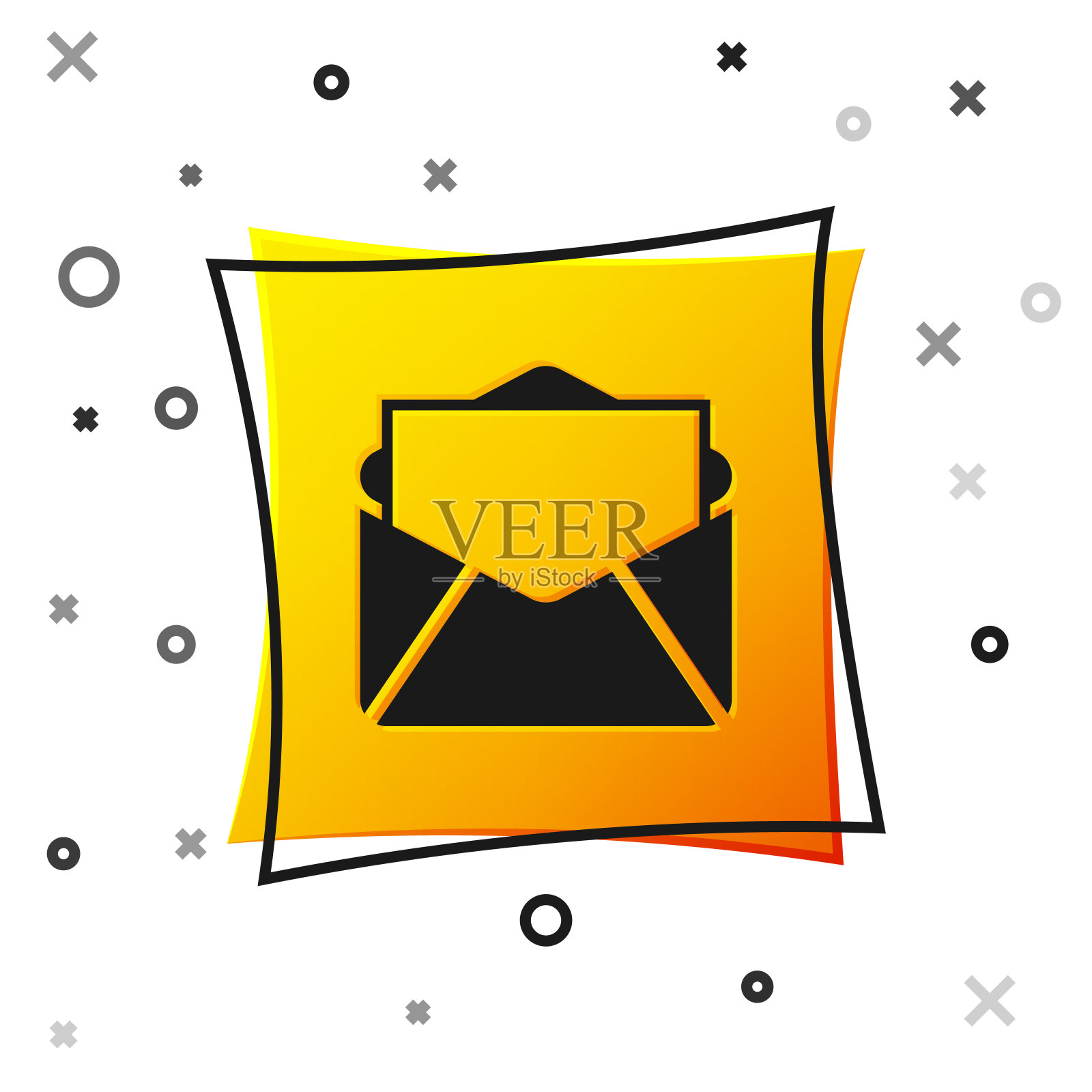 黑邮件和电子邮件图标孤立的白色背景。电子邮件信封标志。邮件标志。黄色正方形按钮。矢量图图标素材