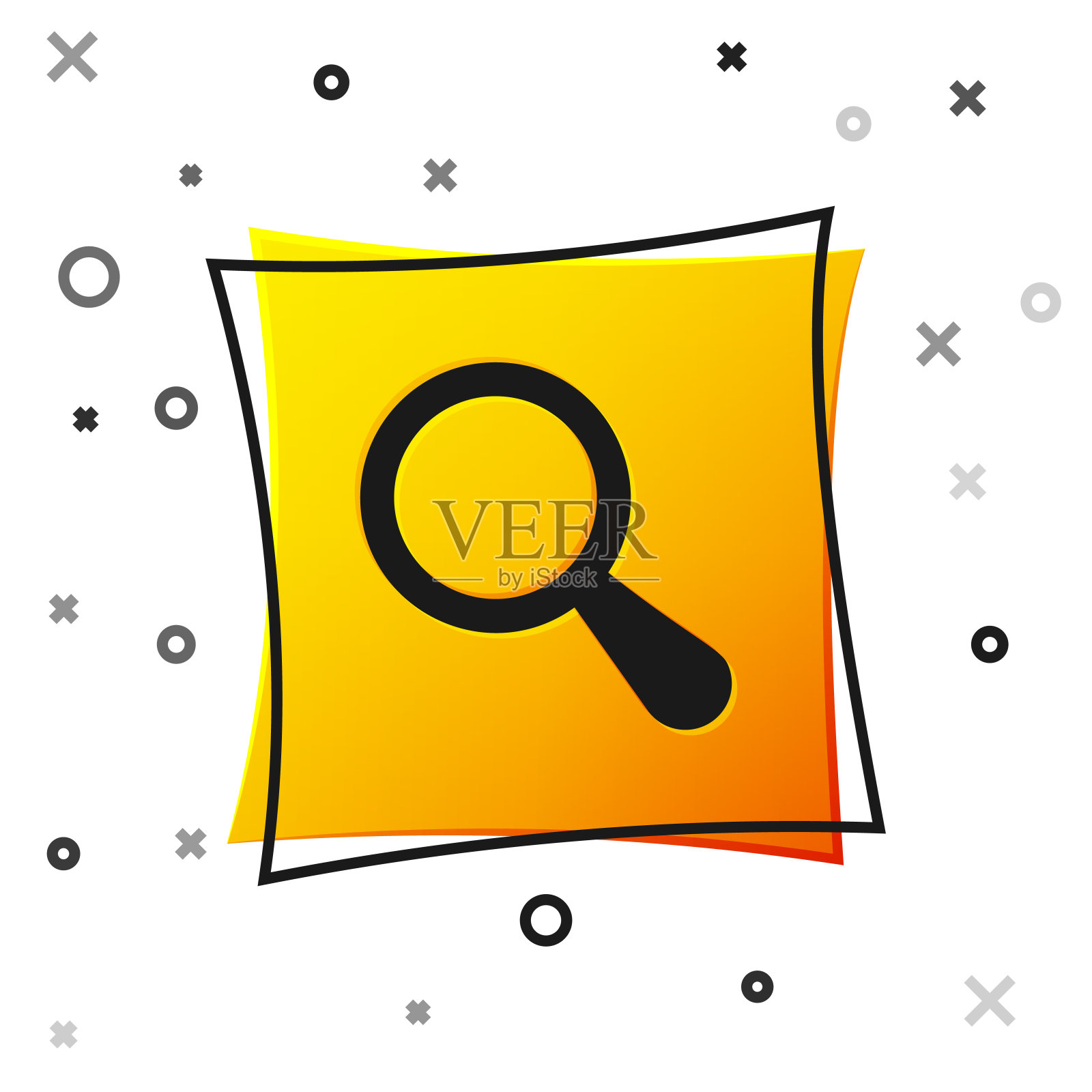 黑色放大镜图标孤立在白色背景。搜索，聚焦，缩放，商业符号。黄色正方形按钮。矢量图插画图片素材