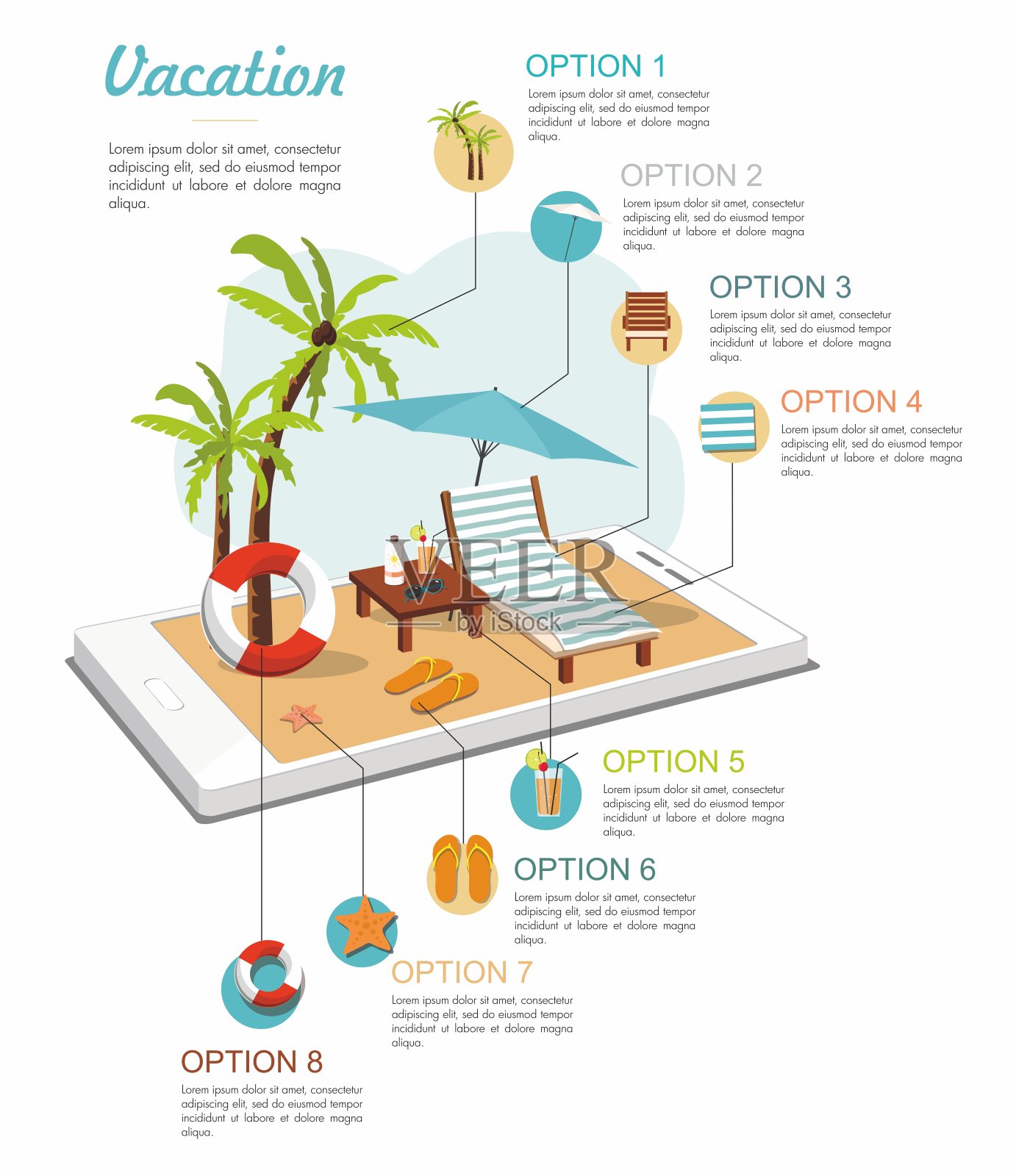 旅行等角图。智能手机上的夏日海滩配件插画图片素材