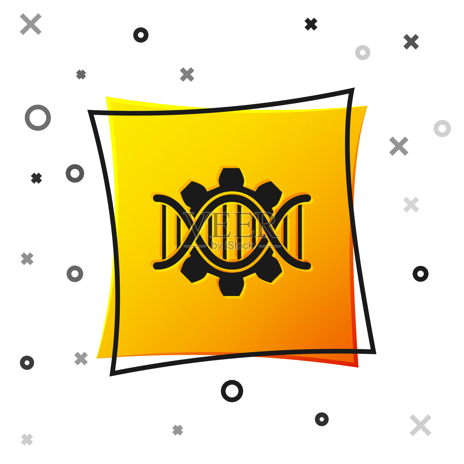 黑色基因工程图标孤立在白色背景。DNA分析，基因测试，克隆，亲子鉴定。黄色正方形按钮。矢量图插画图片素材