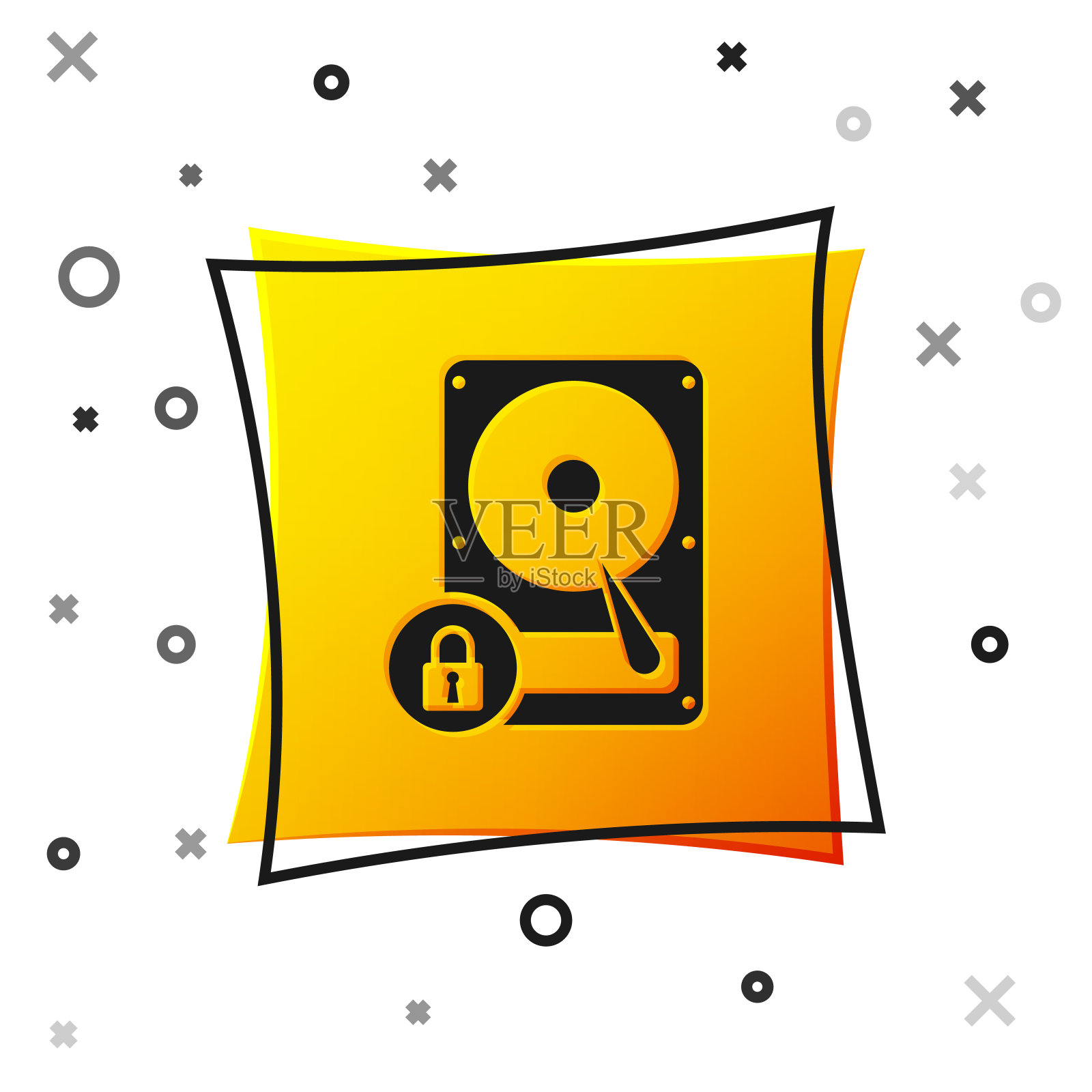 黑色硬盘驱动器和锁定图标隔离在白色背景。大桶和挂锁。安全、安全、保护的理念。黄色正方形按钮。矢量图插画图片素材