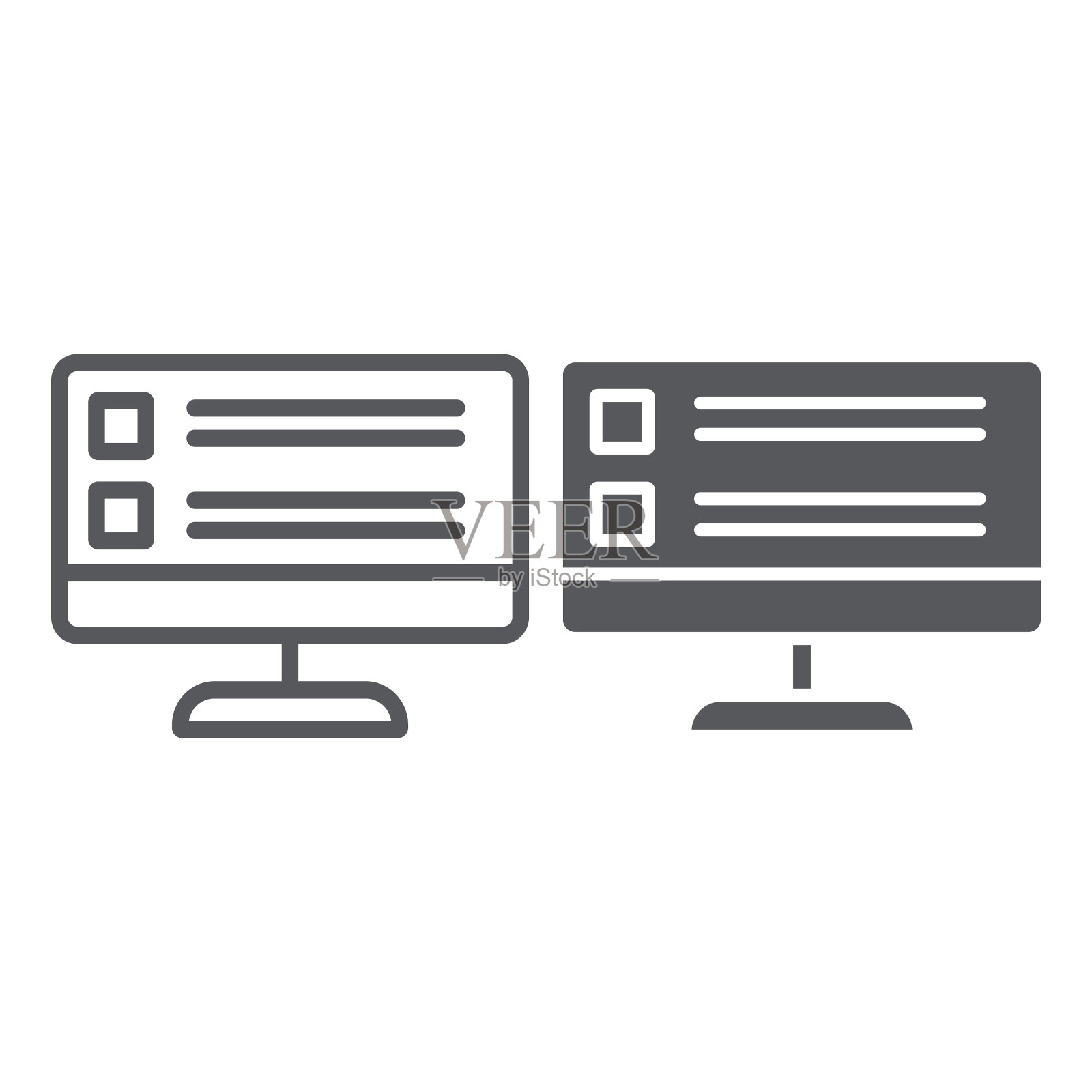 在线调查线和字形图标、计算机和测试、pc屏幕标志、矢量图形、白色背景上的线性图案。图标素材