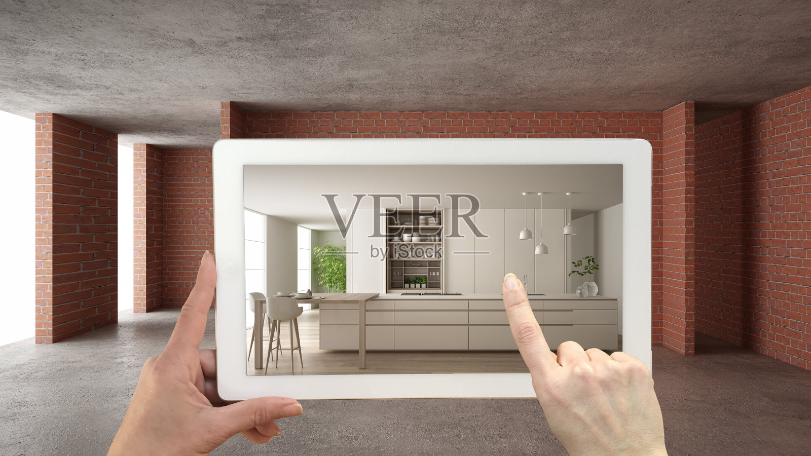 增强现实的概念。带有AR应用的手持平板，用于模拟室内建筑现场的家具和设计产品，带有岛和凳子的现代厨房照片摄影图片