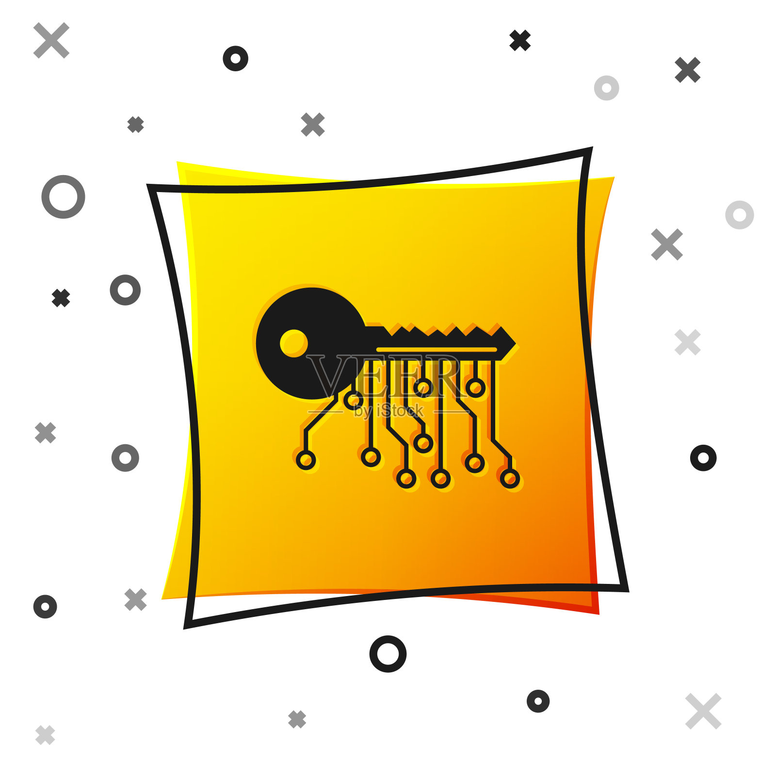 黑色加密货币关键图标隔离在白色背景上。网络安全概念或私钥，数字密钥与技术接口。黄色正方形按钮。矢量图插画图片素材