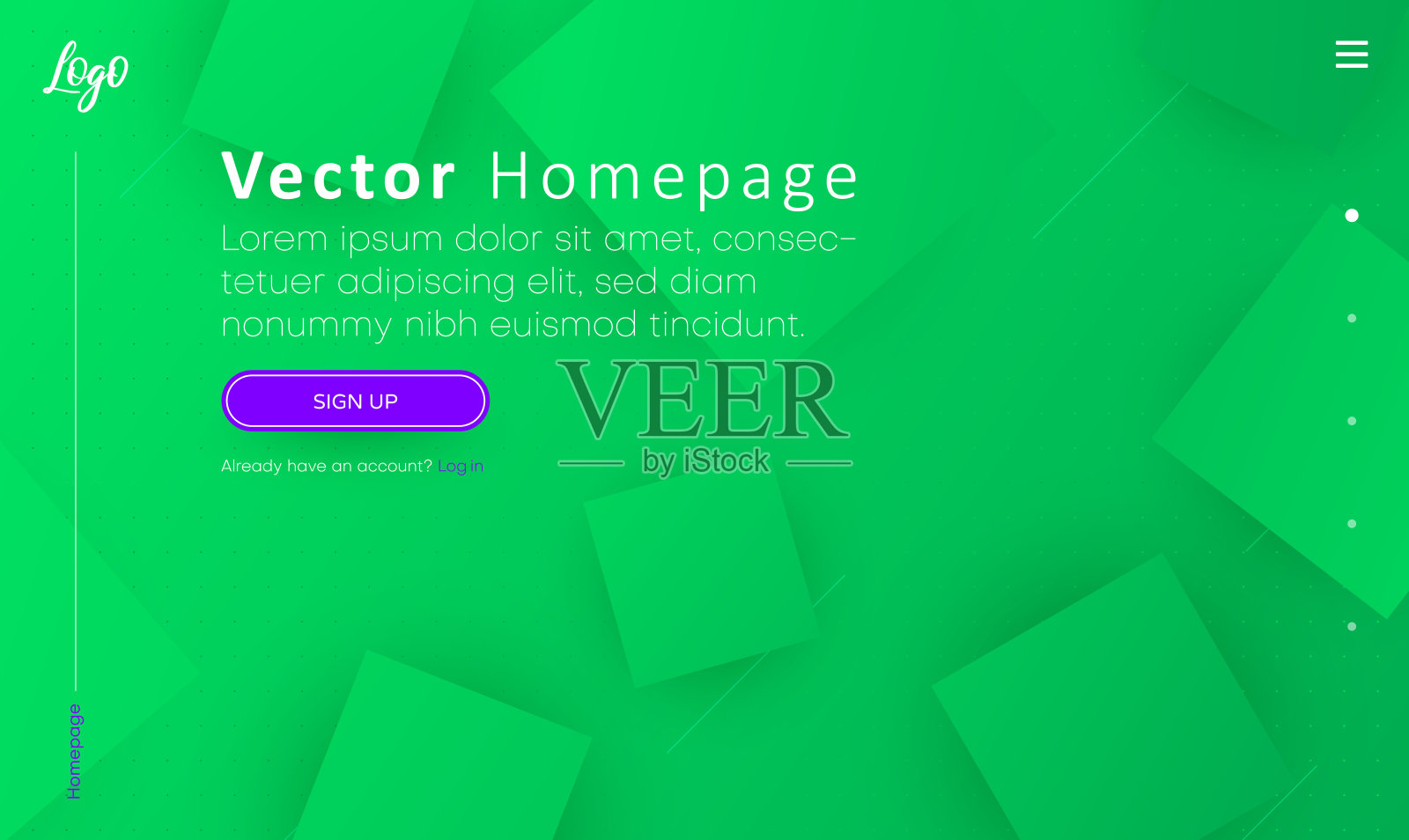 绿色网页首页模板与图标和抽象立方体模式。插画图片素材