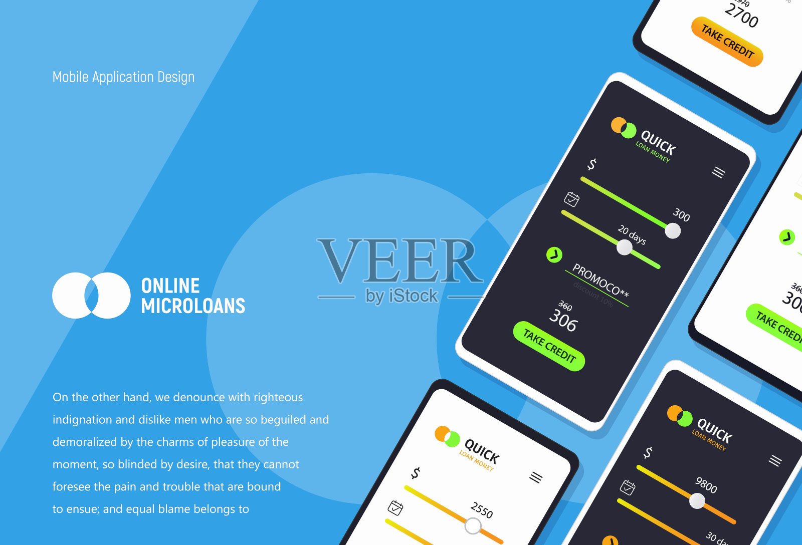 贷钱手机应用概念。微贷ui ux界面。样机移动电话与关税计划在蓝色背景插画图片素材