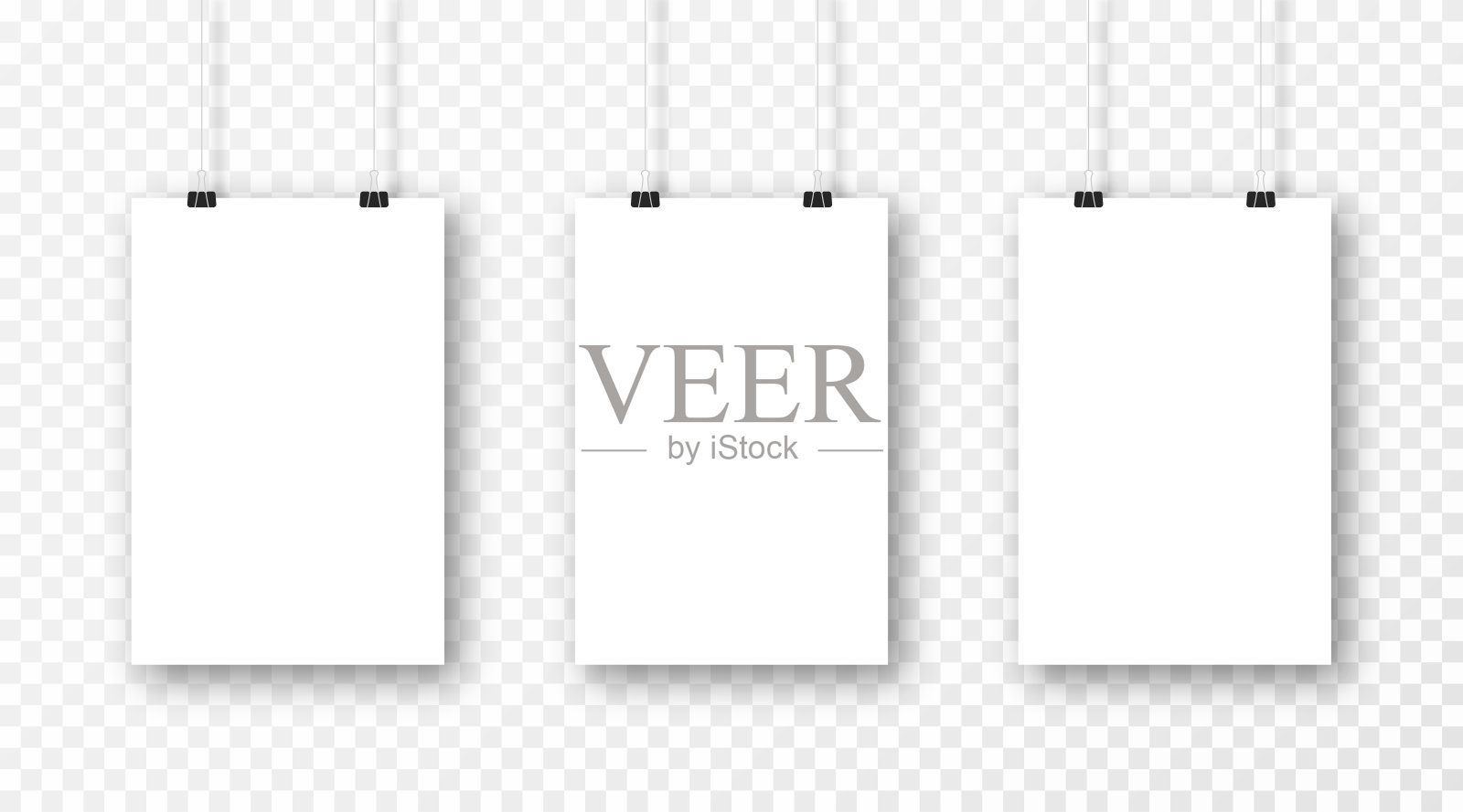 海报模型孤立在透明的背景。现实的空白海报模板。一套挂在墙上的垂直框架模型。向量插画图片素材
