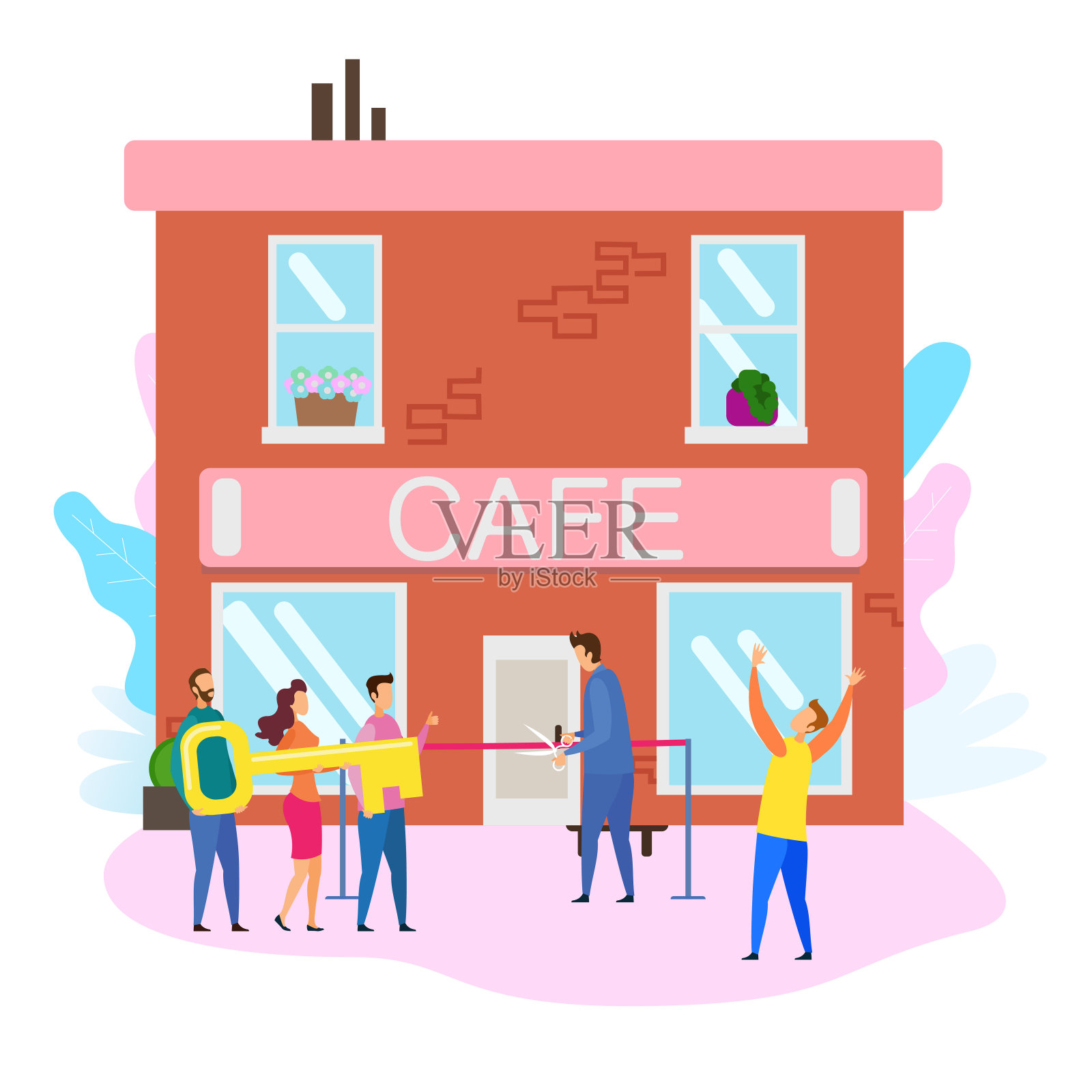 咖啡厅开业典礼男老板剪红丝带插画图片素材