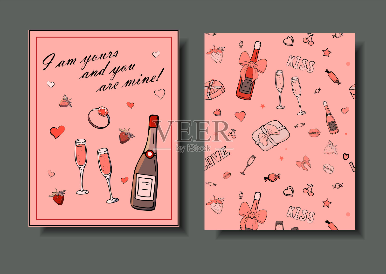 一套手绘模板时尚卡片女孩的东西，浪漫的对象和短语。印有女性服装、珠宝、化妆品和礼品的明信片。真正的矢量图。设计模板素材