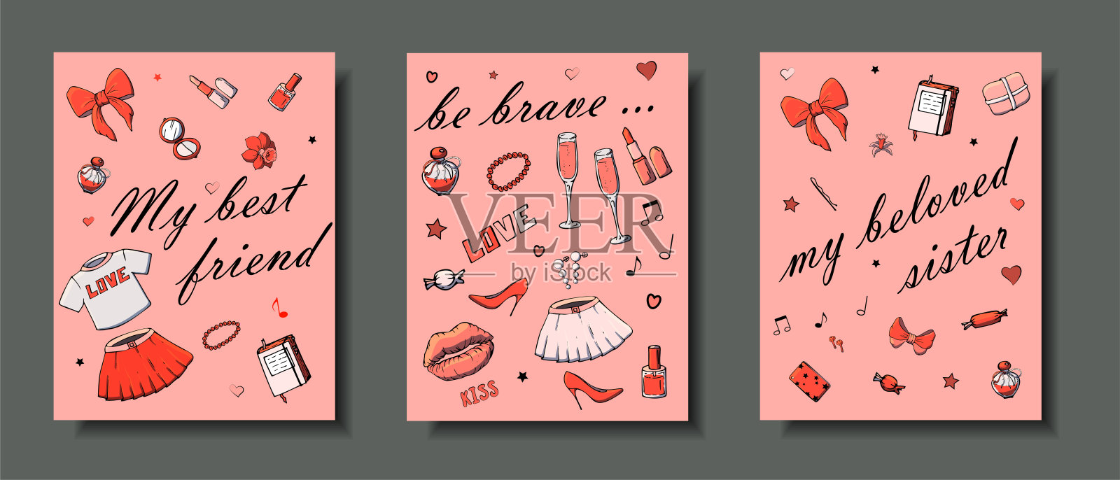 一套手绘模板时尚卡片女孩的东西，浪漫的对象和短语。印有女性服装、珠宝、化妆品和礼品的明信片。真正的矢量图。设计模板素材