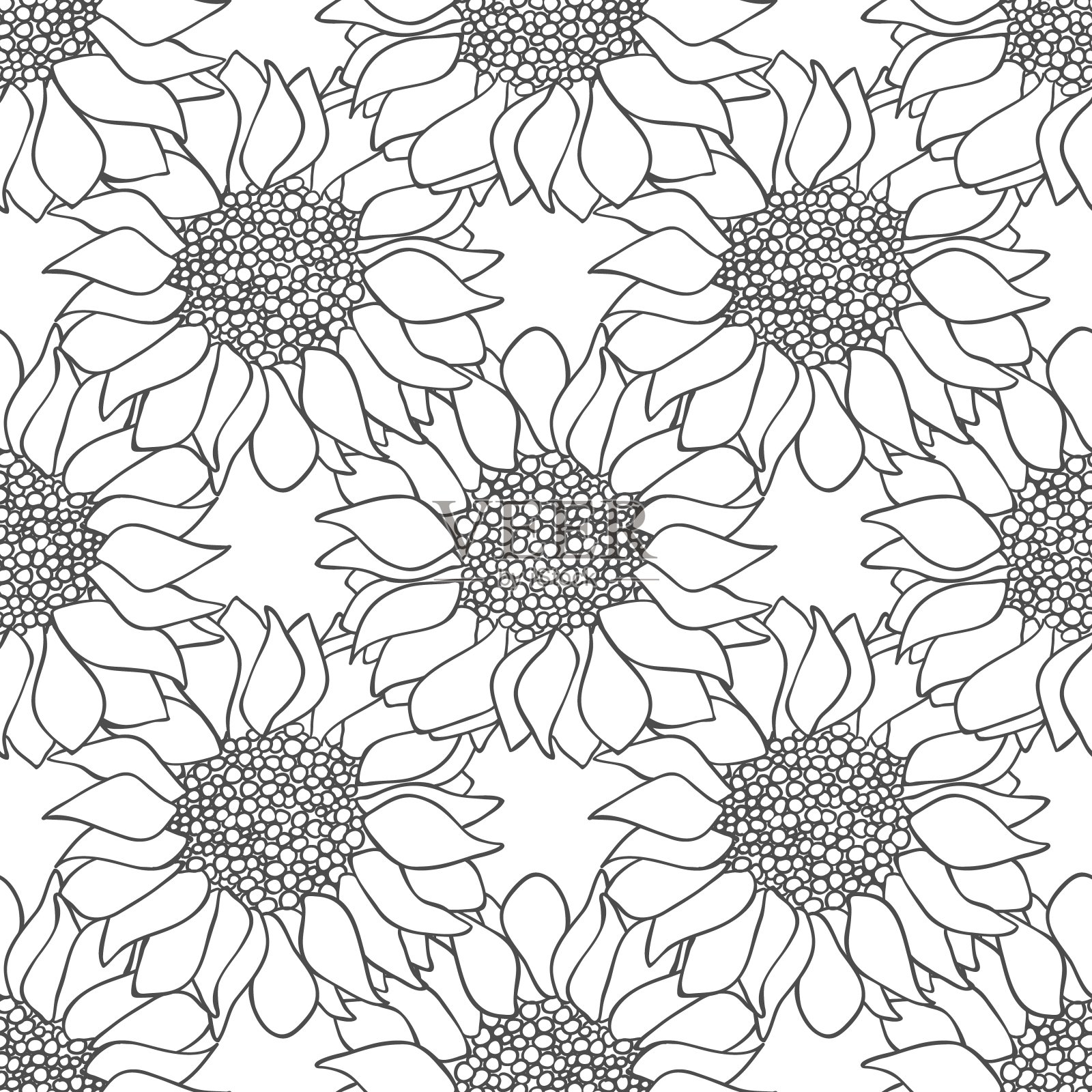 向日葵花朵无缝图案，黑白两色。插画图片素材