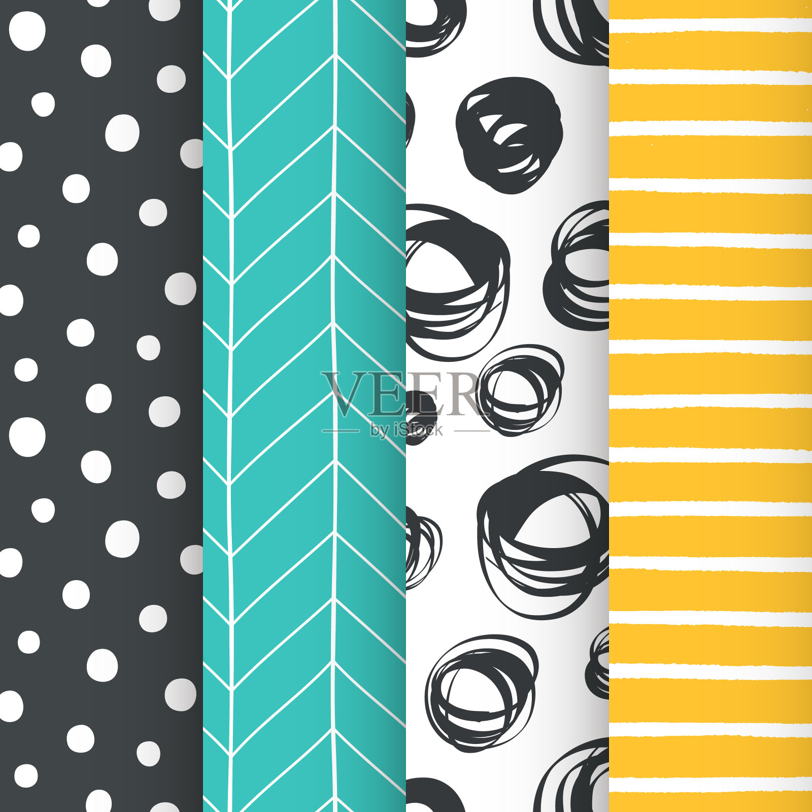 抽象手绘几何简单简约无缝模式集。波点，条纹，波浪，随机符号纹理。矢量图插画图片素材