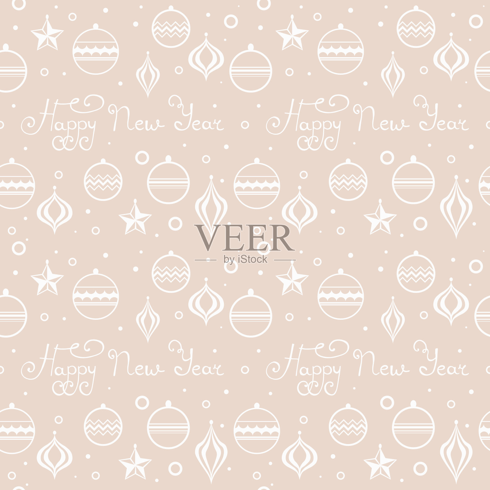 圣诞树上的玩具图案无缝衔接，上面写着新年快乐的字样插画图片素材