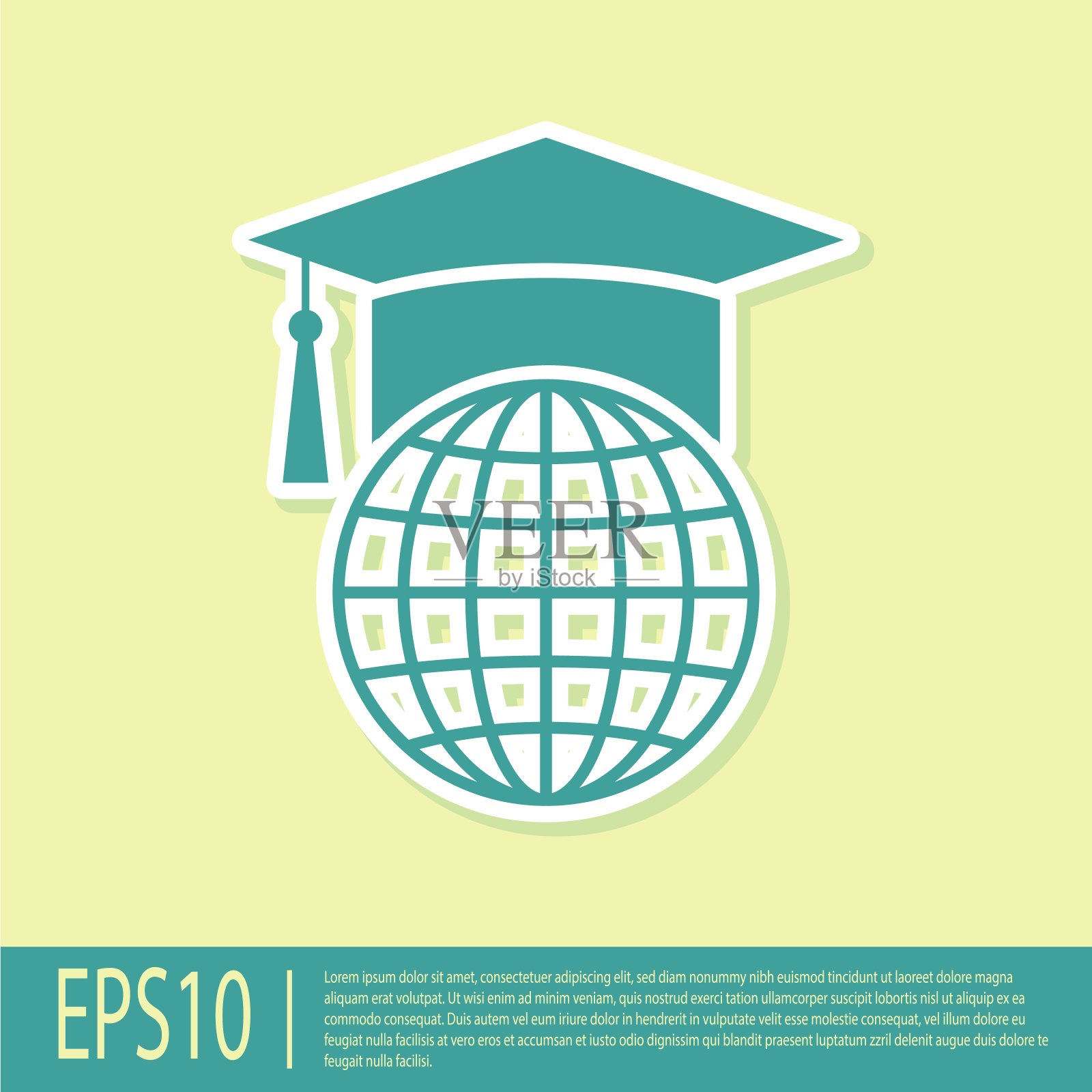 绿色毕业帽在全球图标孤立在黄色背景。世界教育的象征。在线学习或电子学习的概念。平面设计。矢量图插画图片素材