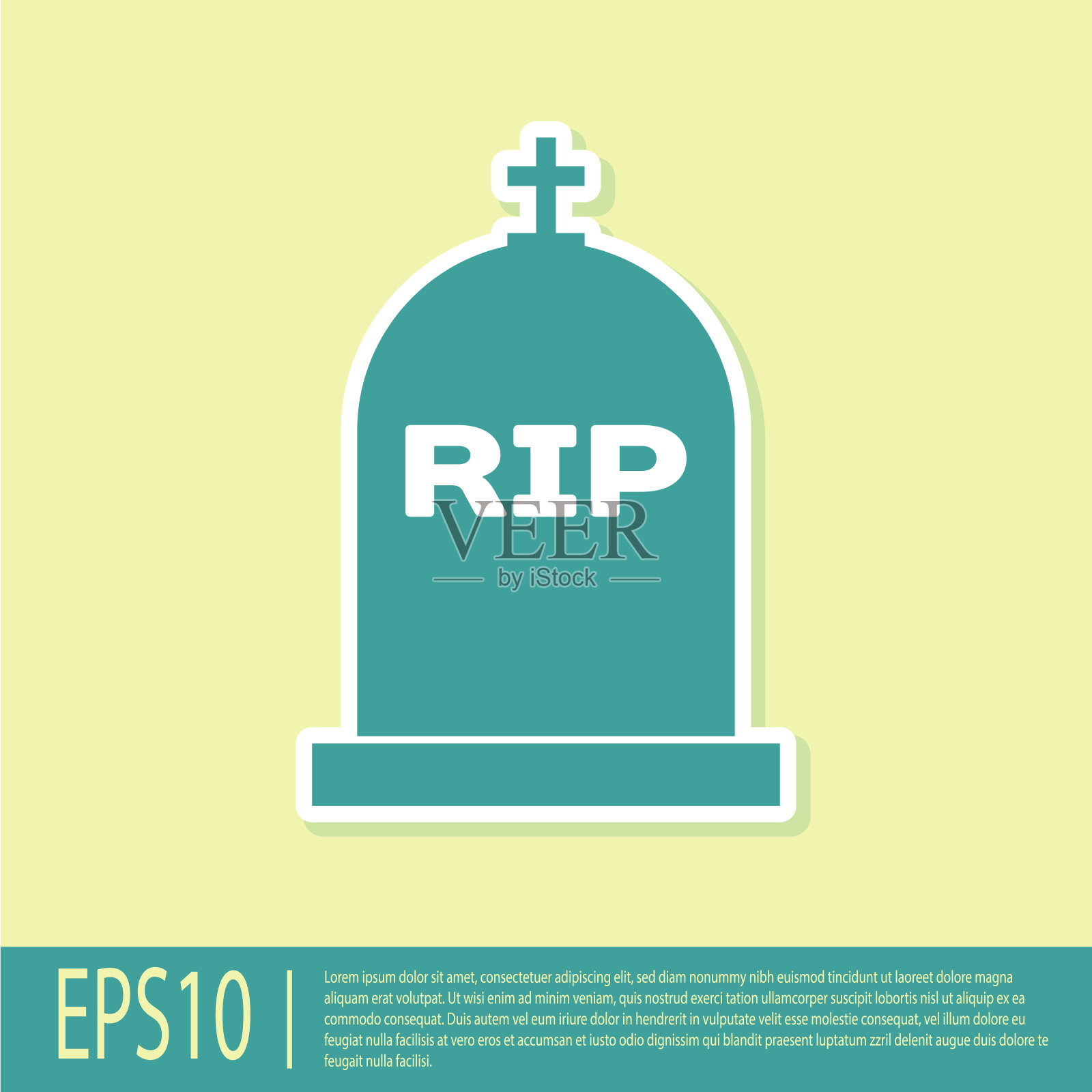 绿色墓碑上写着RIP，图标孤立在黄色背景上。严重的图标。平面设计。矢量图插画图片素材