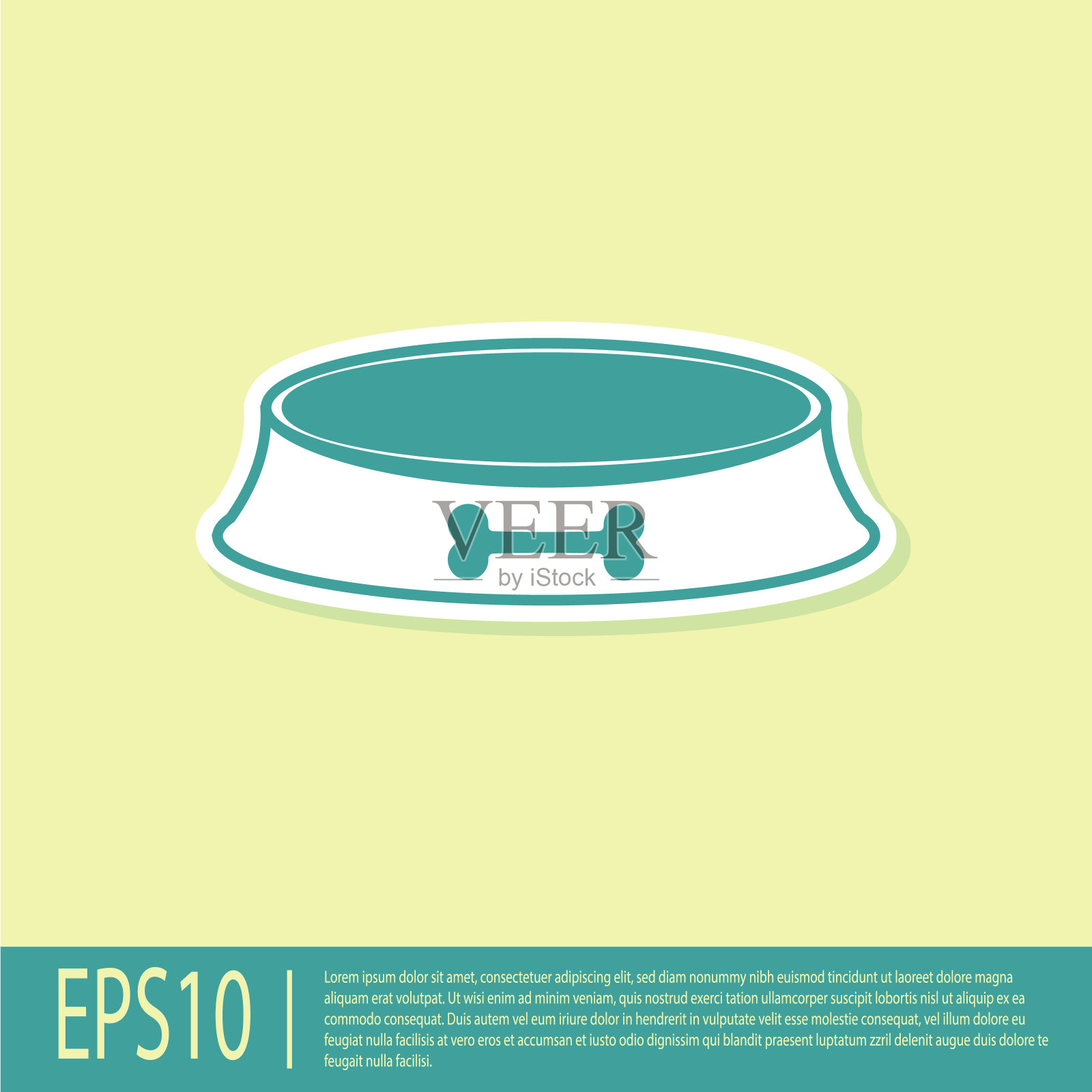 绿色宠物食品碗猫或狗图标孤立在黄色背景。狗骨头的迹象。矢量图插画图片素材