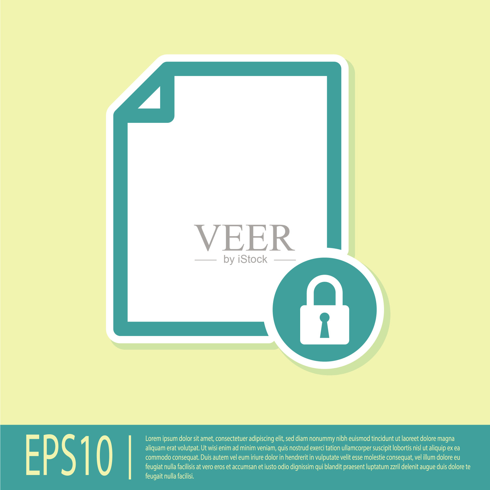 绿色文档和锁定图标隔离在黄色背景上。文件格式和挂锁。安全、安全、保护的理念。矢量图插画图片素材